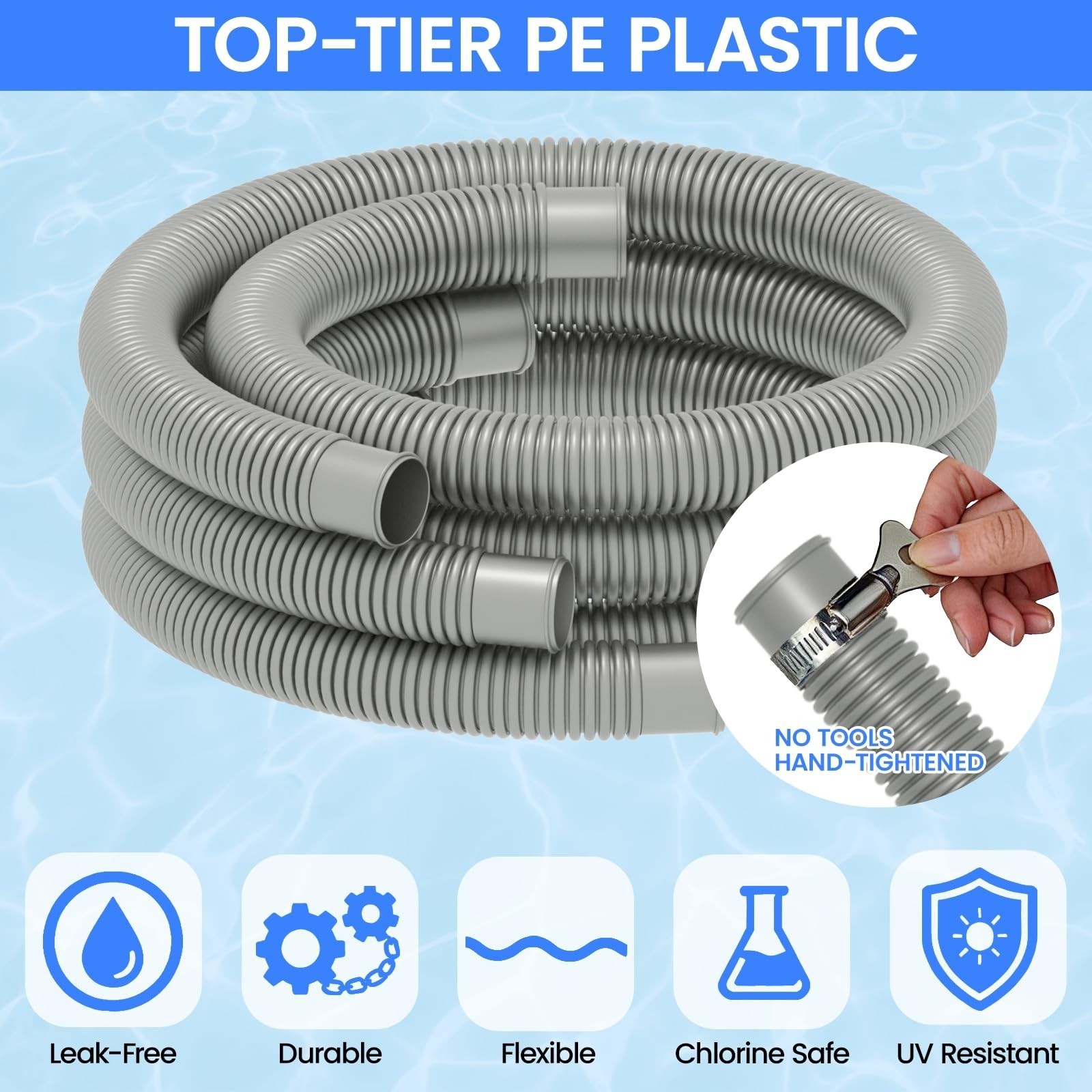 Heavy Duty Pool Hoses 1.25&Prime; x 59&Prime; – 3-Pack, UV Resistant, Leak-Proof with Clamps