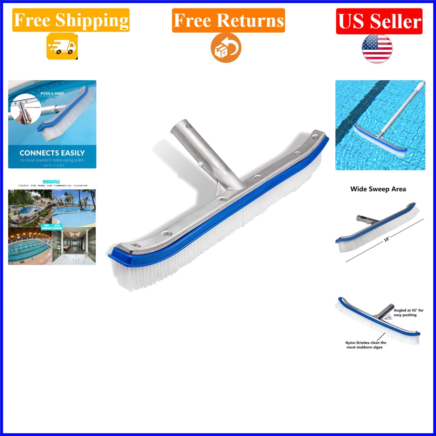 18-Inch Heavy Duty Vinyl Pool Wall & Tile Brush, White