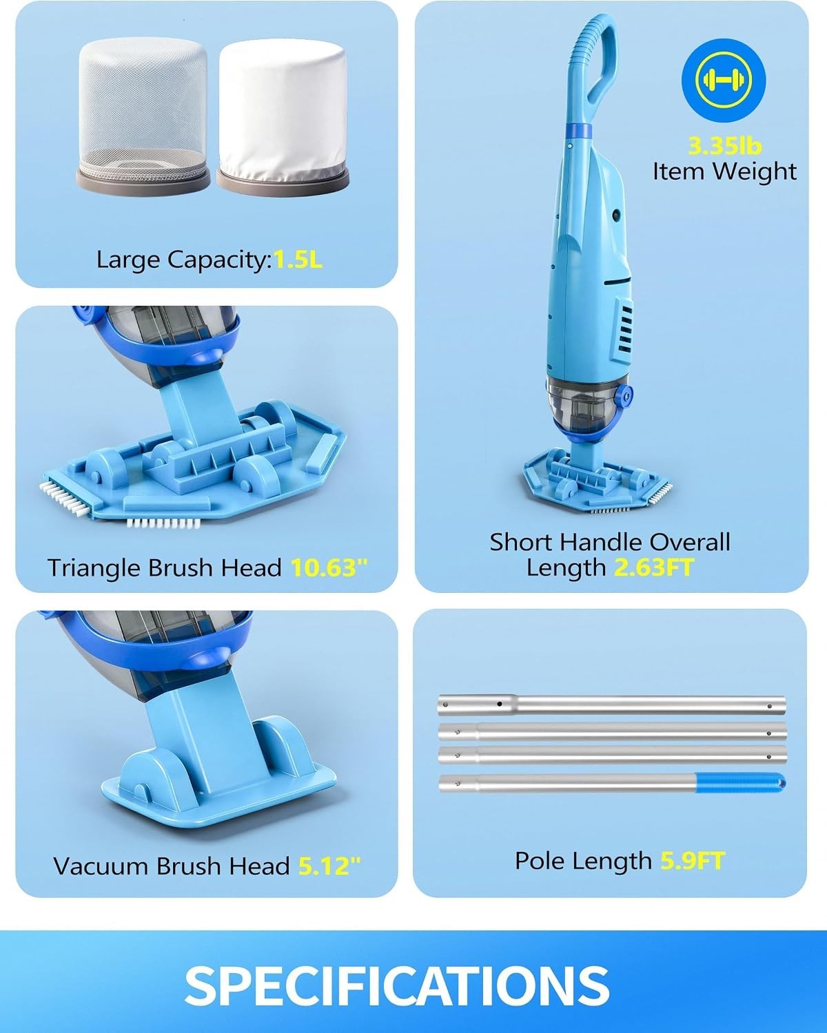 Cordless Pool Vacuum Cleaner with 4 Filter Bags – Light Blue