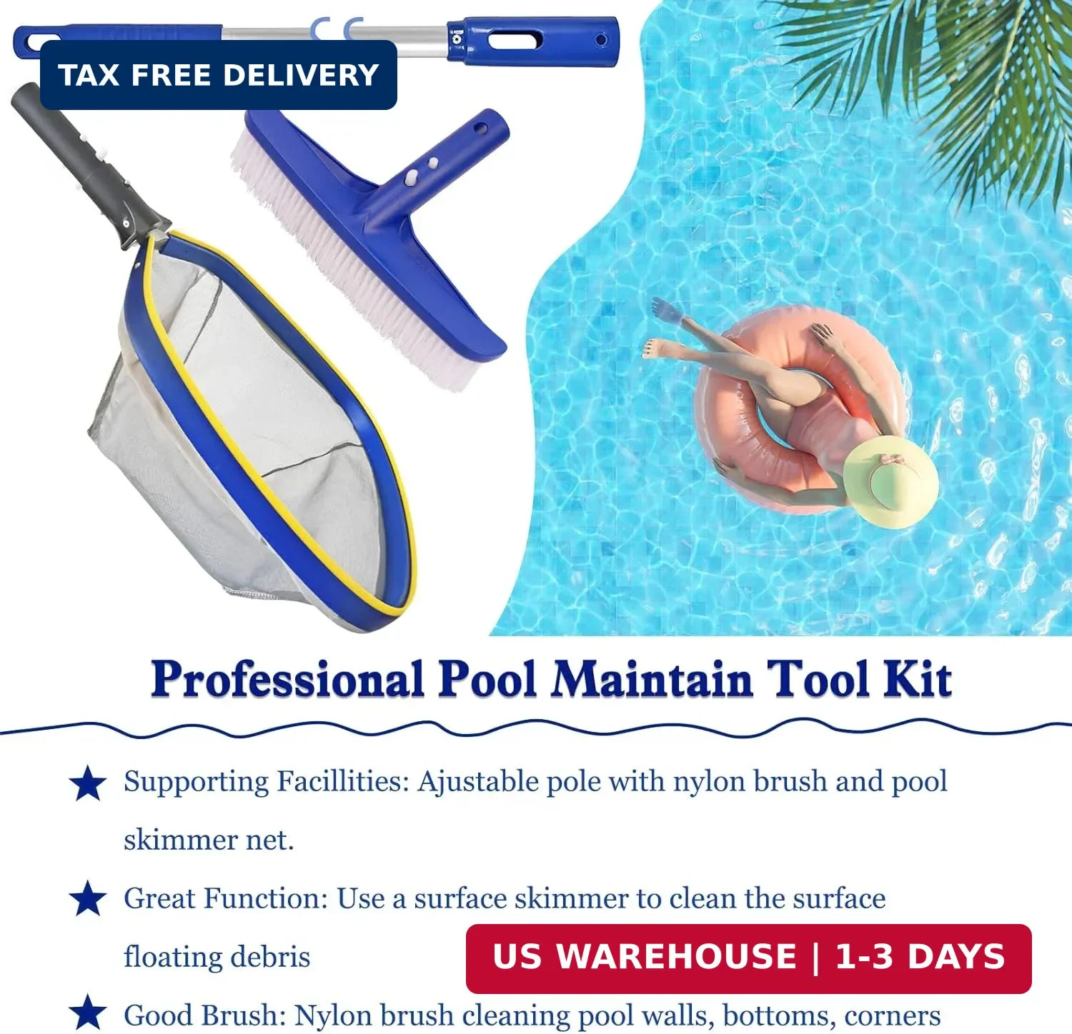 Poolvio Swimming Pool Cleaning Kit, 14 » Brush Head & 50 » Telescopic Aluminum P