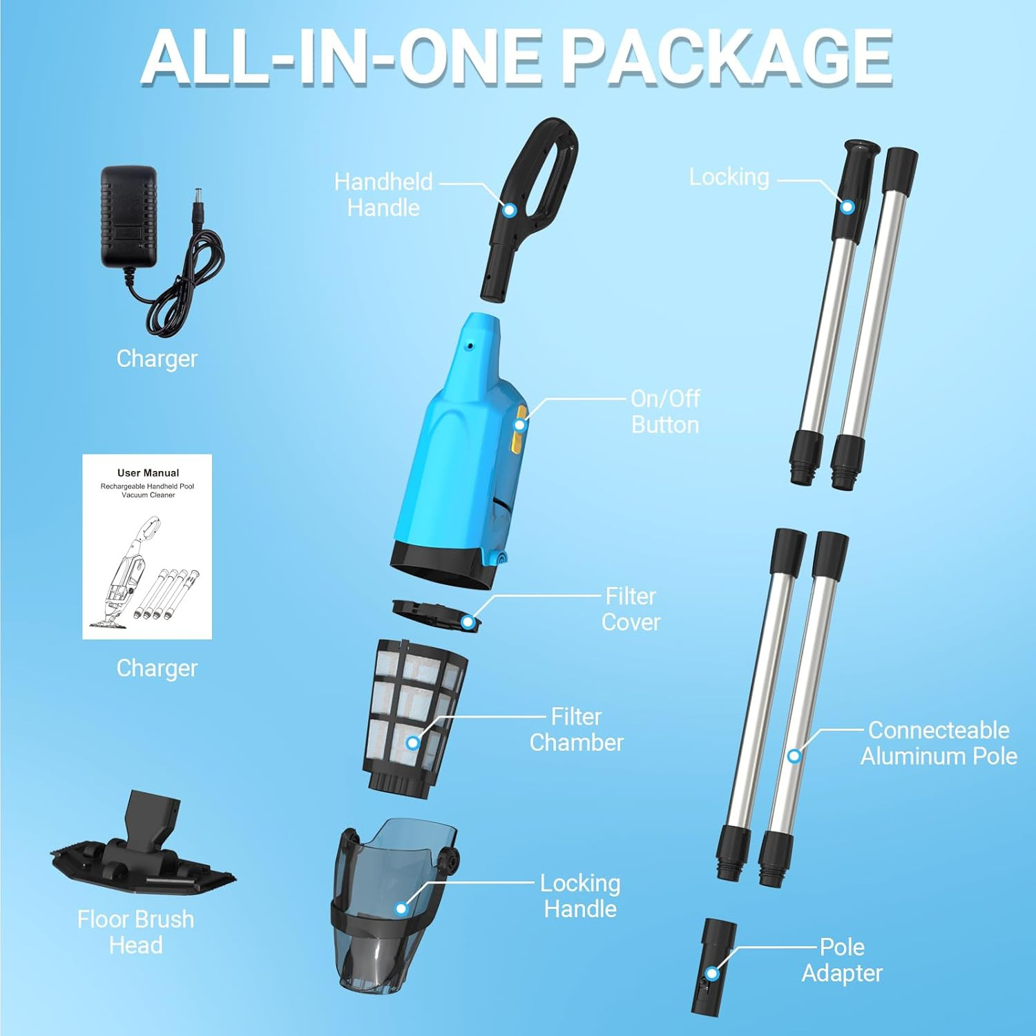 Cordless Handheld Pool Vacuum for above Ground Pool, 18GPM Powerful Suction/87”
