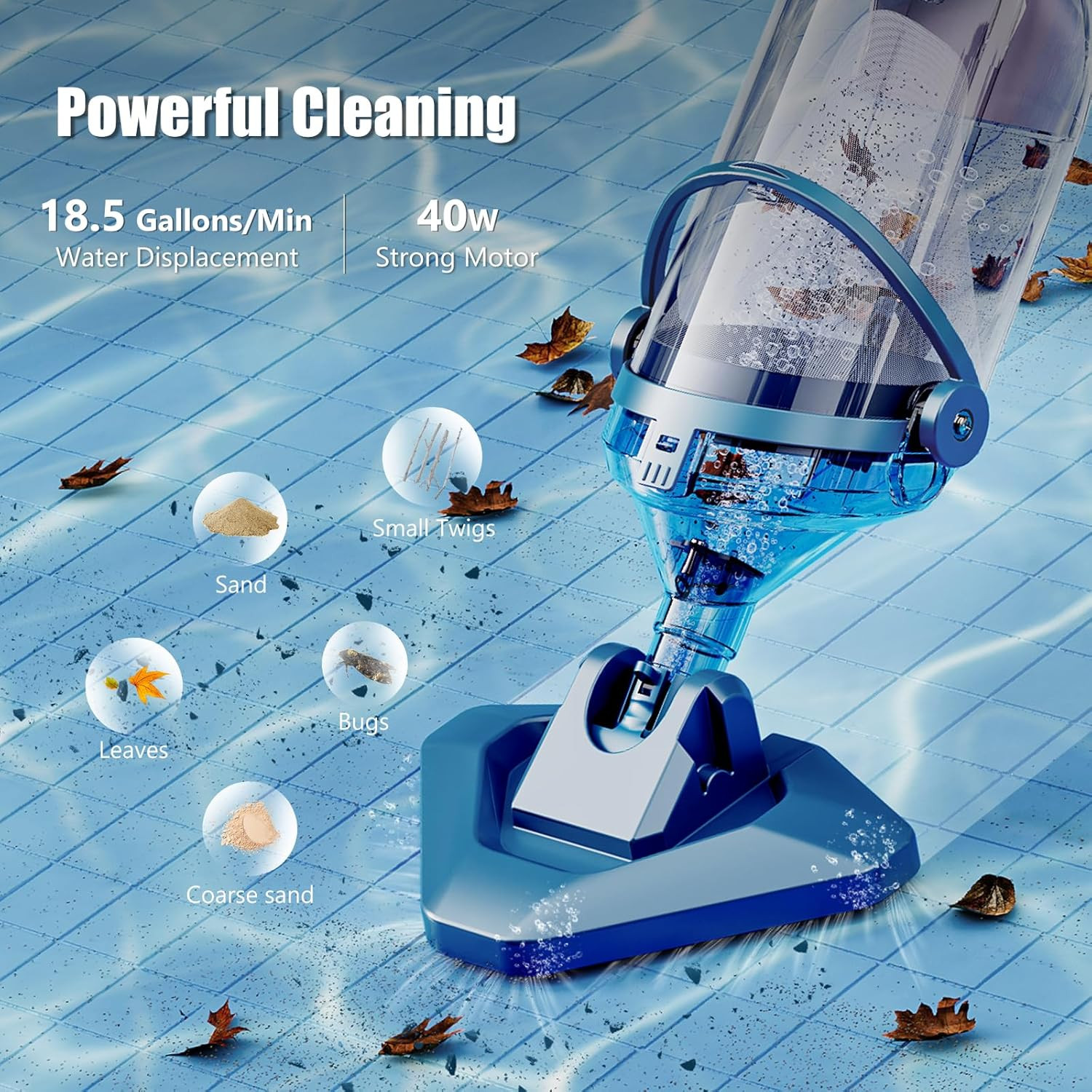 Powerful Rechargeable Pool Vacuum – 1 Hour Run Time, 18.5 GPM Flow Rate