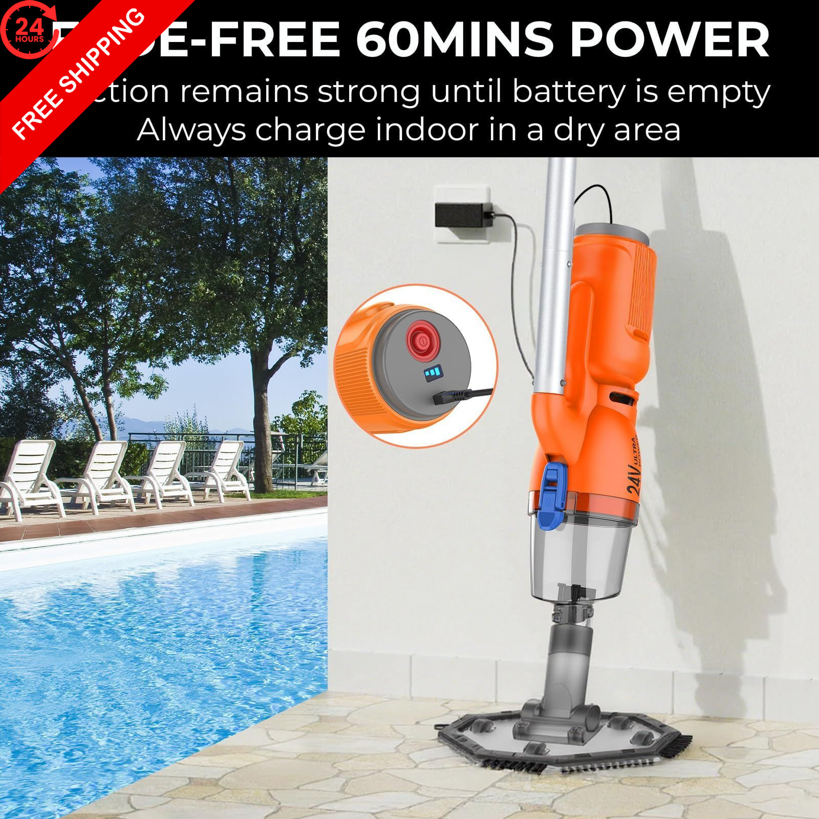 24V Cordless Handheld Pool Vacuum – 43,000Pa Hyper Suction, ULTRA 65W