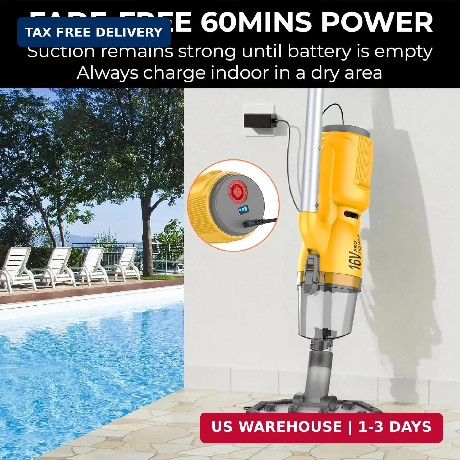 16V Cordless Handheld Pool Vacuum – 26,000Pa Hyper Suction, 3-Stage 3D Fiber Bal