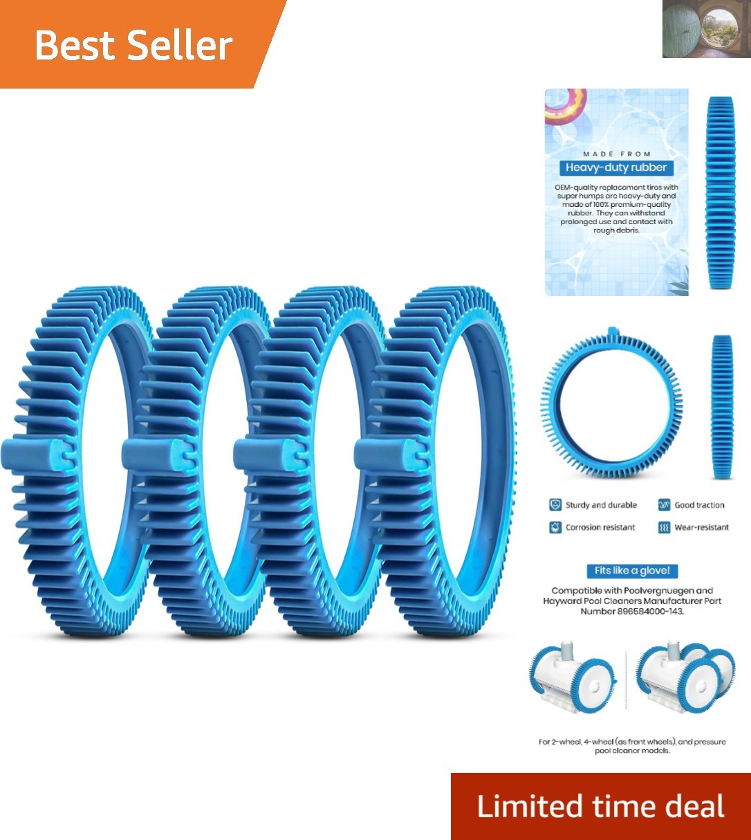 Easy Install 4-Pack Replacement Tires for Poolvergnuegen 896584000-143 Cleaners