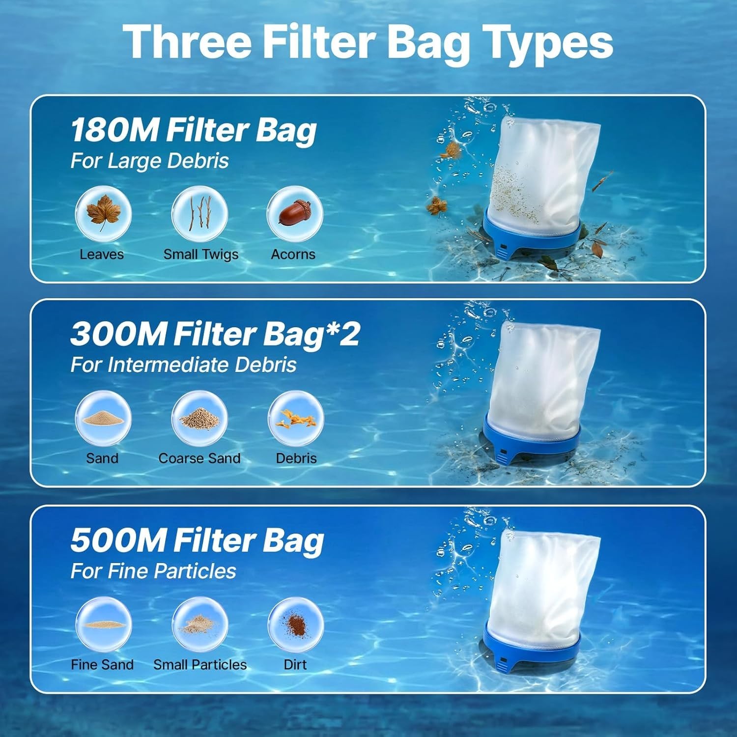 Versatile Cordless Pool Cleaner with 3 Filter Bags & Adjustable Suction Power
