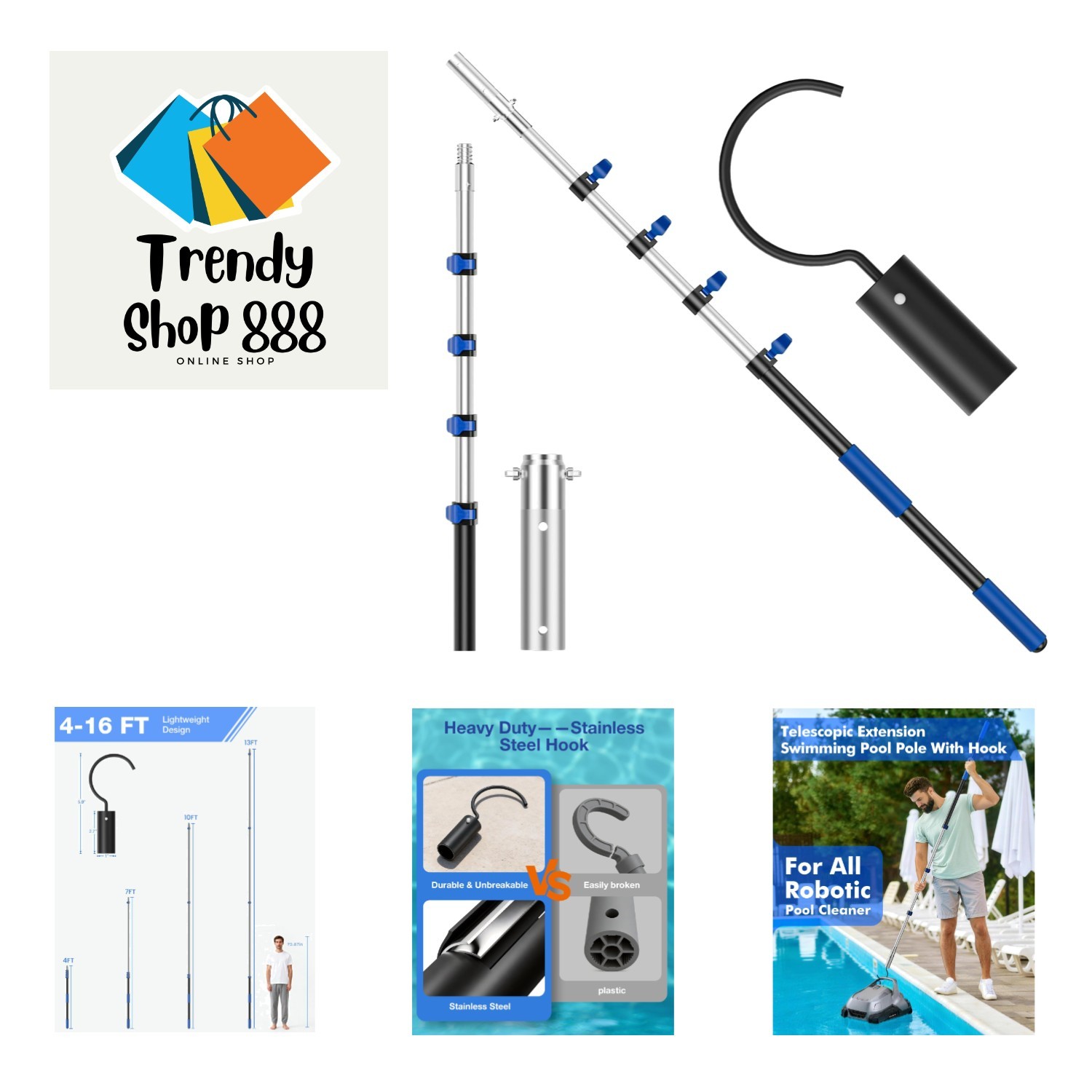 16 Ft Telescopic Pool Pole with Robotic Pool Cleaner Hook, Extendable Aluminu…