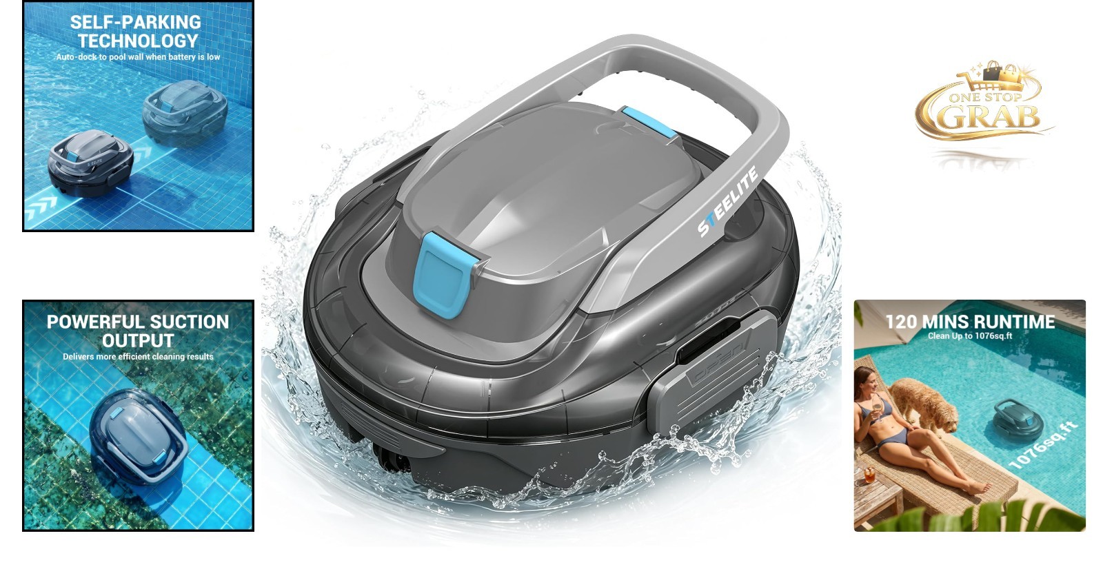 Cordless Robotic Pool Cleaner S7 with Dual Motors 120 Min Runtime Gray