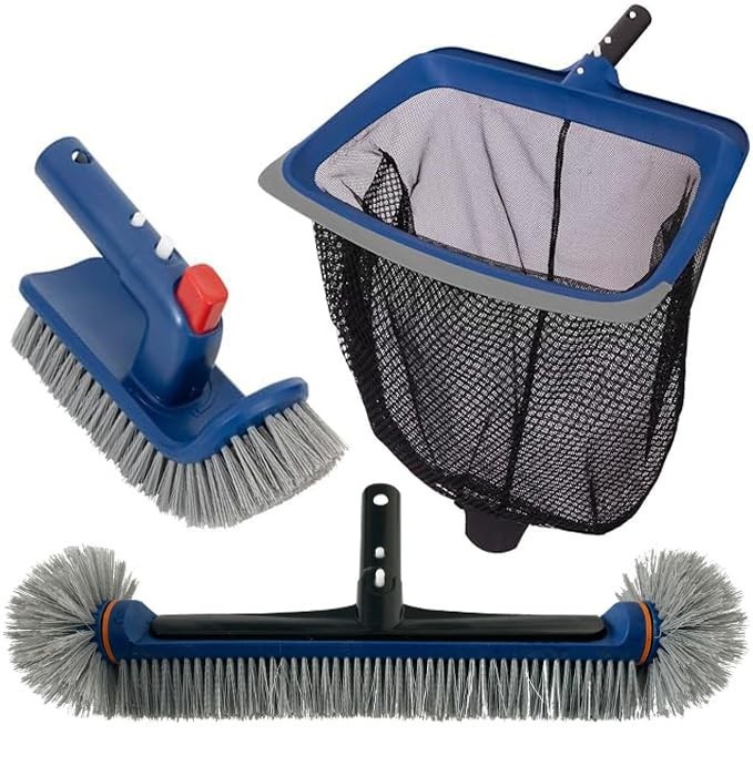 Deluxe Pool Cleaning Kit – Skimmer Net, 17.5&Prime; Brush & Rotatable Scrub Brush, Hea