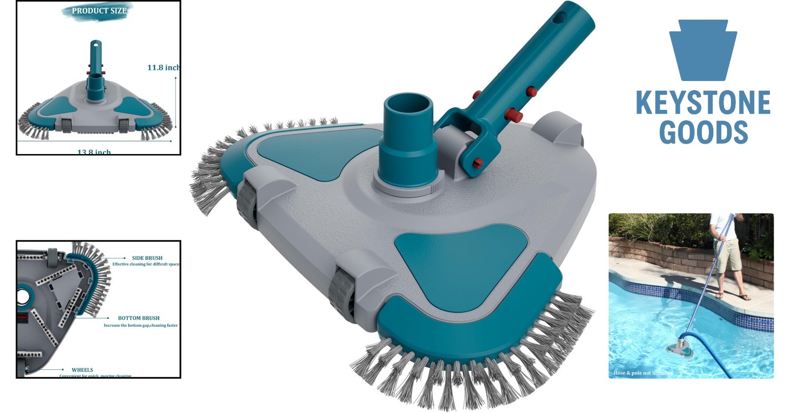 Upgrade Pro Triangular Pool Vacuum Head with Brush & EZ Clip Handle