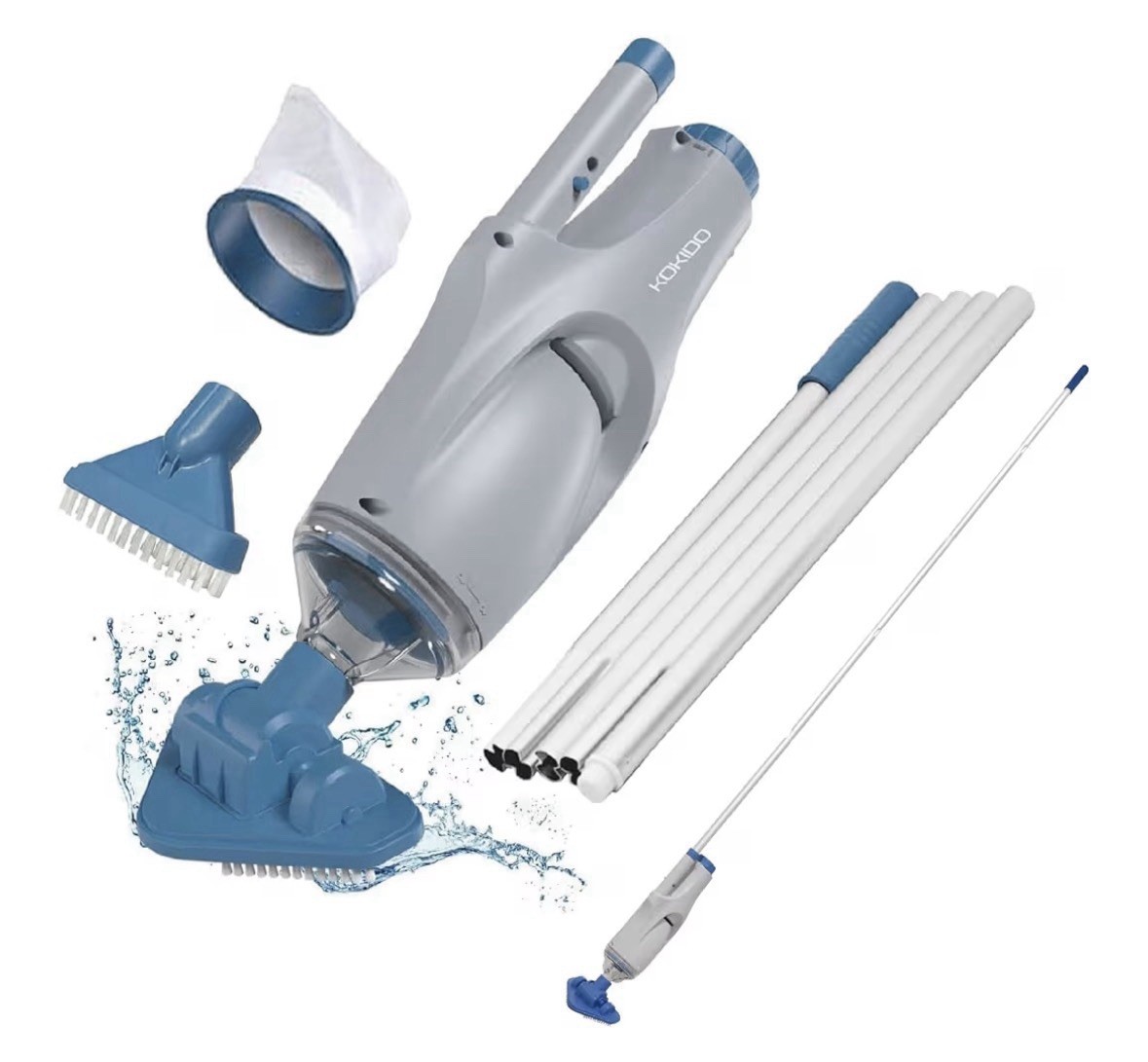 KOKIDO (2025) Rechargeable Handheld Pool Vacuum, Aluminum Pole and 2 Brush