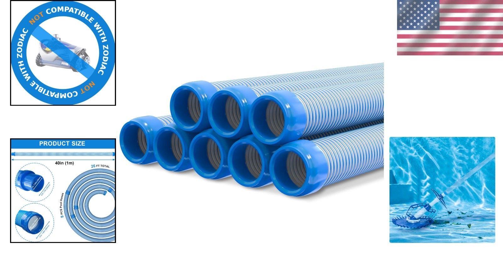 Pool Vacuum Hose 26 Feet 8 x 40 Inch 1.5 Inch Cuffs Replacement