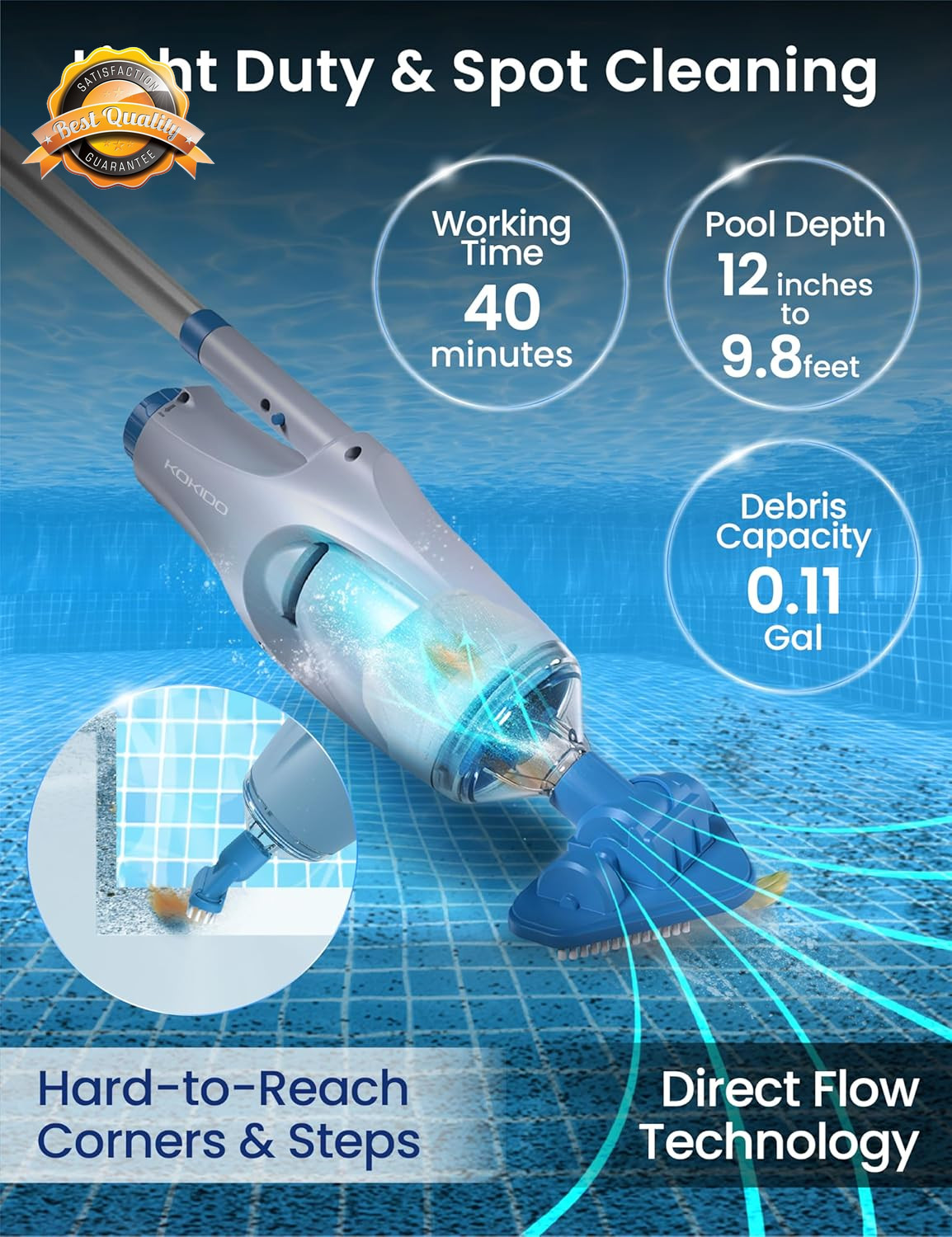 Cordless Pool Vacuum Handheld Rechargeable 60Min 6Ft Pole 2 Head