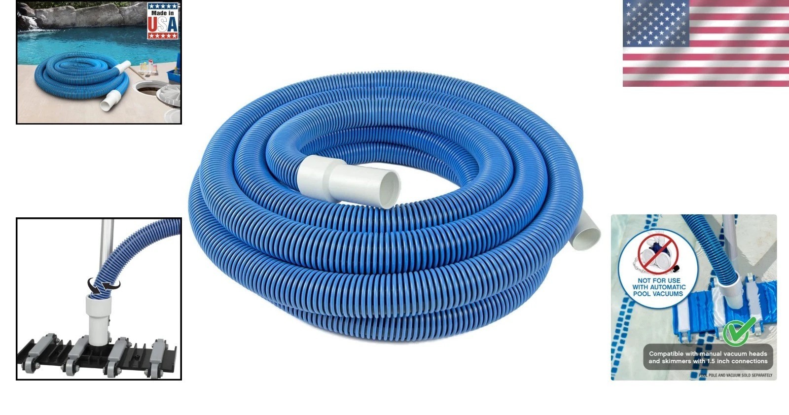 30 Ft x 1-1/2” Manual Pool Vacuum Hose – Flexible, Kink-Free & Made in the USA