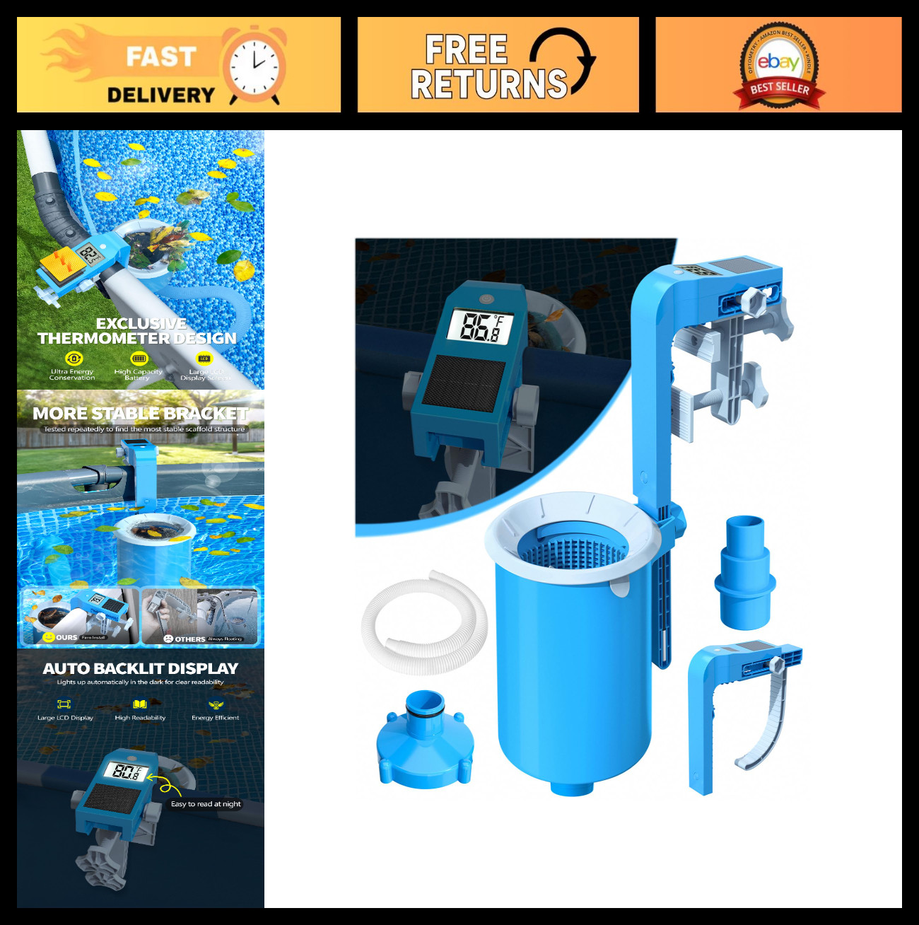 Above Ground Pool Skimmer with Solar Thermometer | Wall Mount Auto Skimming Debr