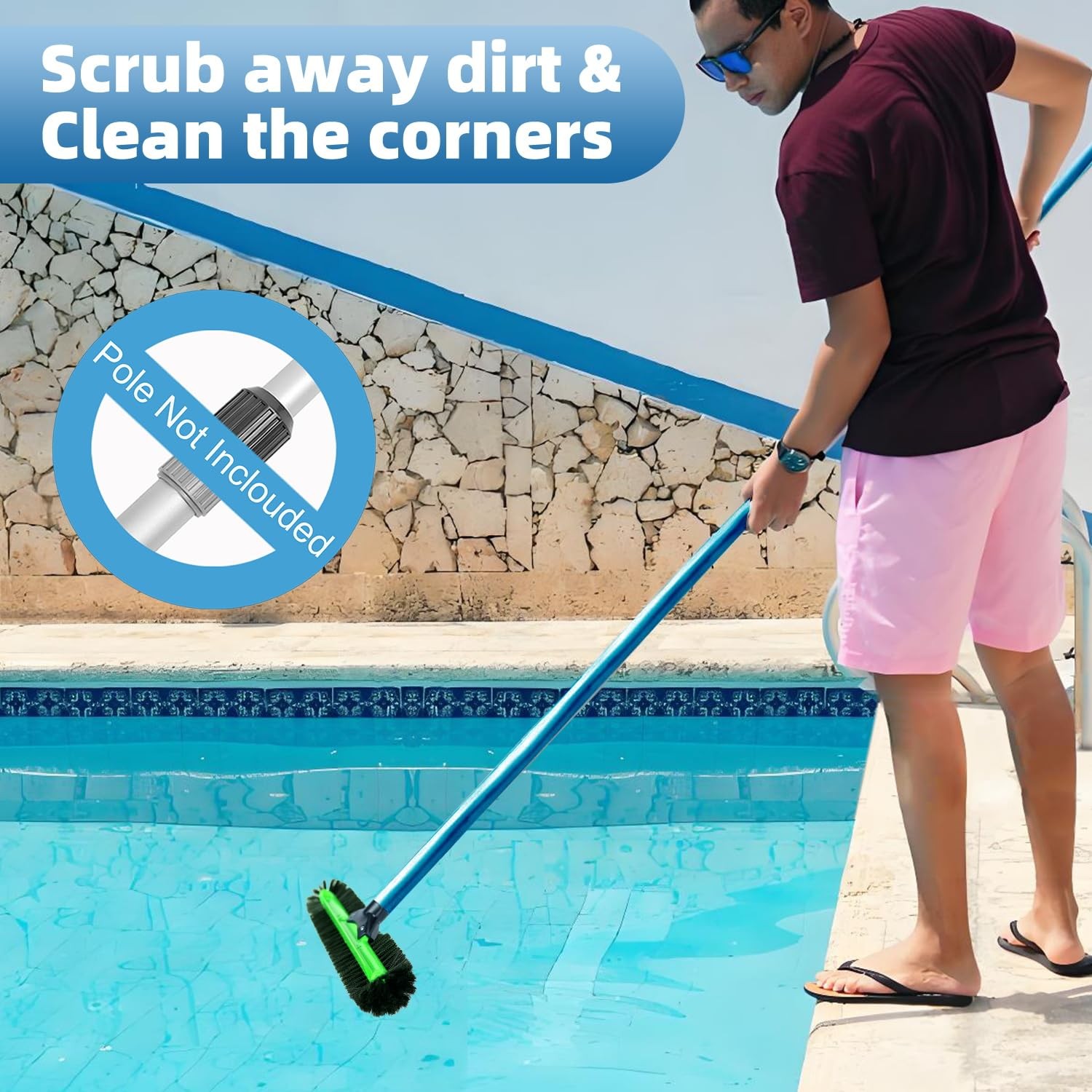 20&Prime; Heavy Duty Pool Brush with Soft Bristles for Fast Cleaning Walls & Floors