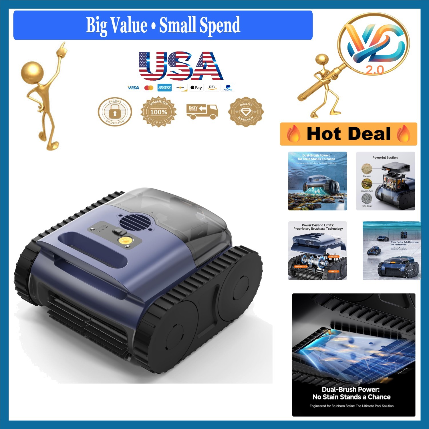 2026 Upgrade Robotic Pool Vacuum AI Sonar Navigation 180 Min Battery Inground…