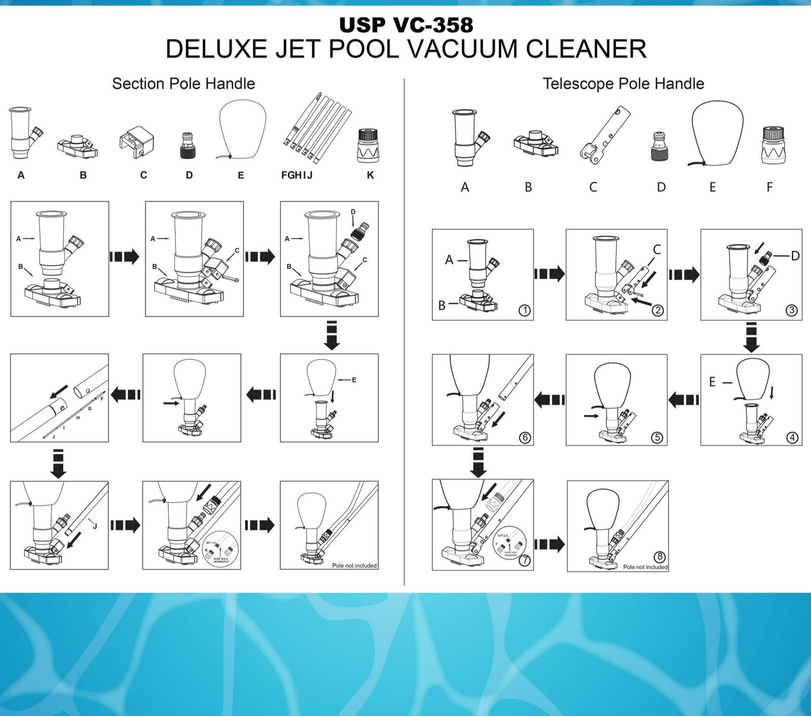 Jet Pool Vacuum Cleaner w/ 5 Section Pole Leaf Bag for Pools & Spas