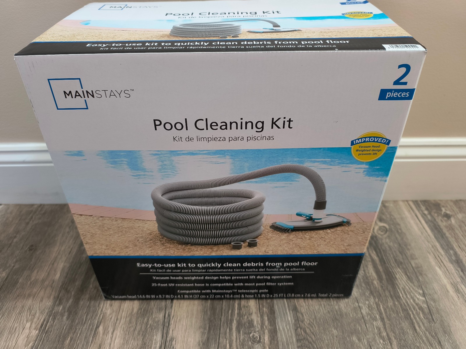 Mainstays Pool Vacuum Kit 2-Piece 25ft UV-Resistant Hose+Swivel Head 1.25&Prime;/1.5&Prime;