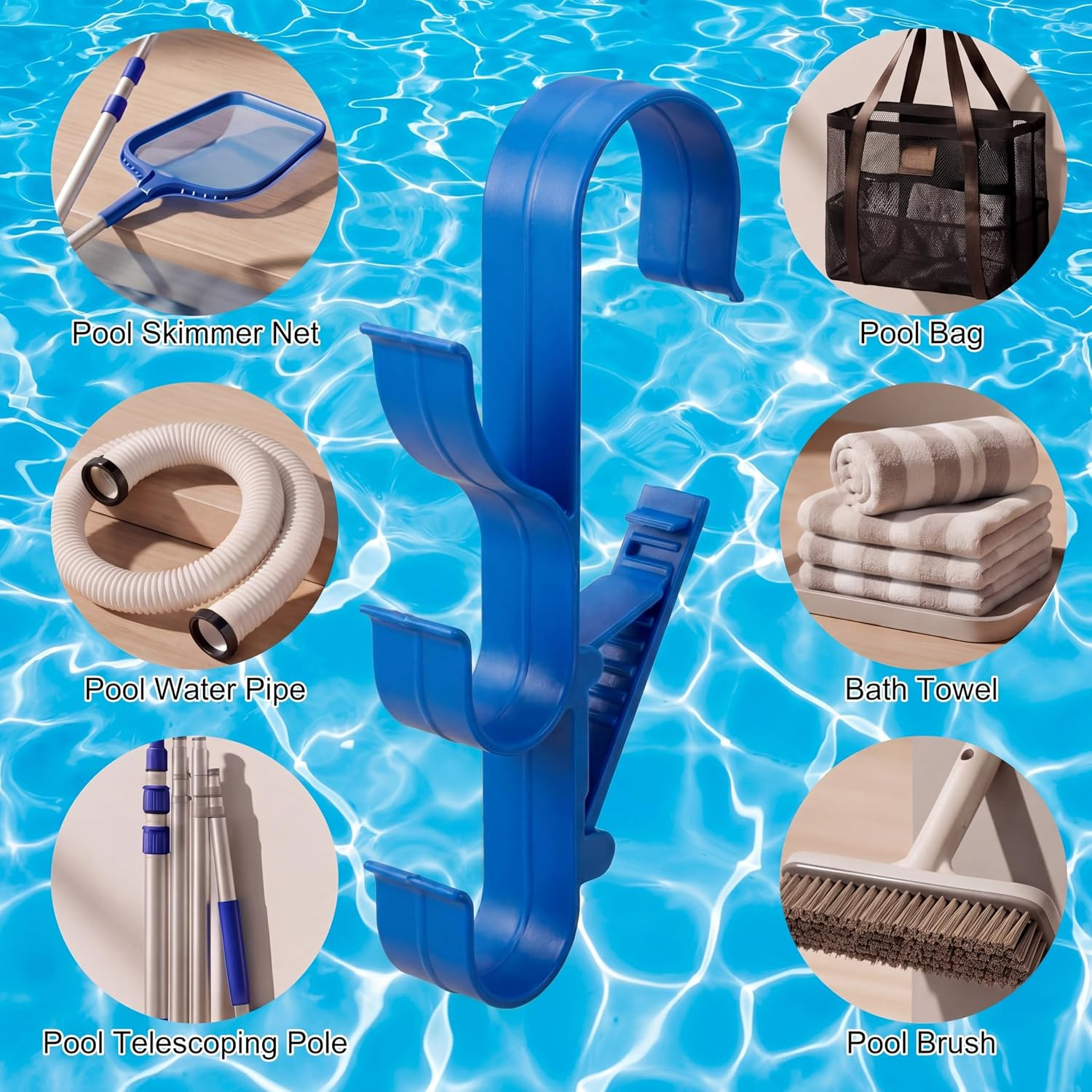 4 Pack Pool Pole Hanger with 3 Hooks, Adjustable Poolside Organizer for above Gr