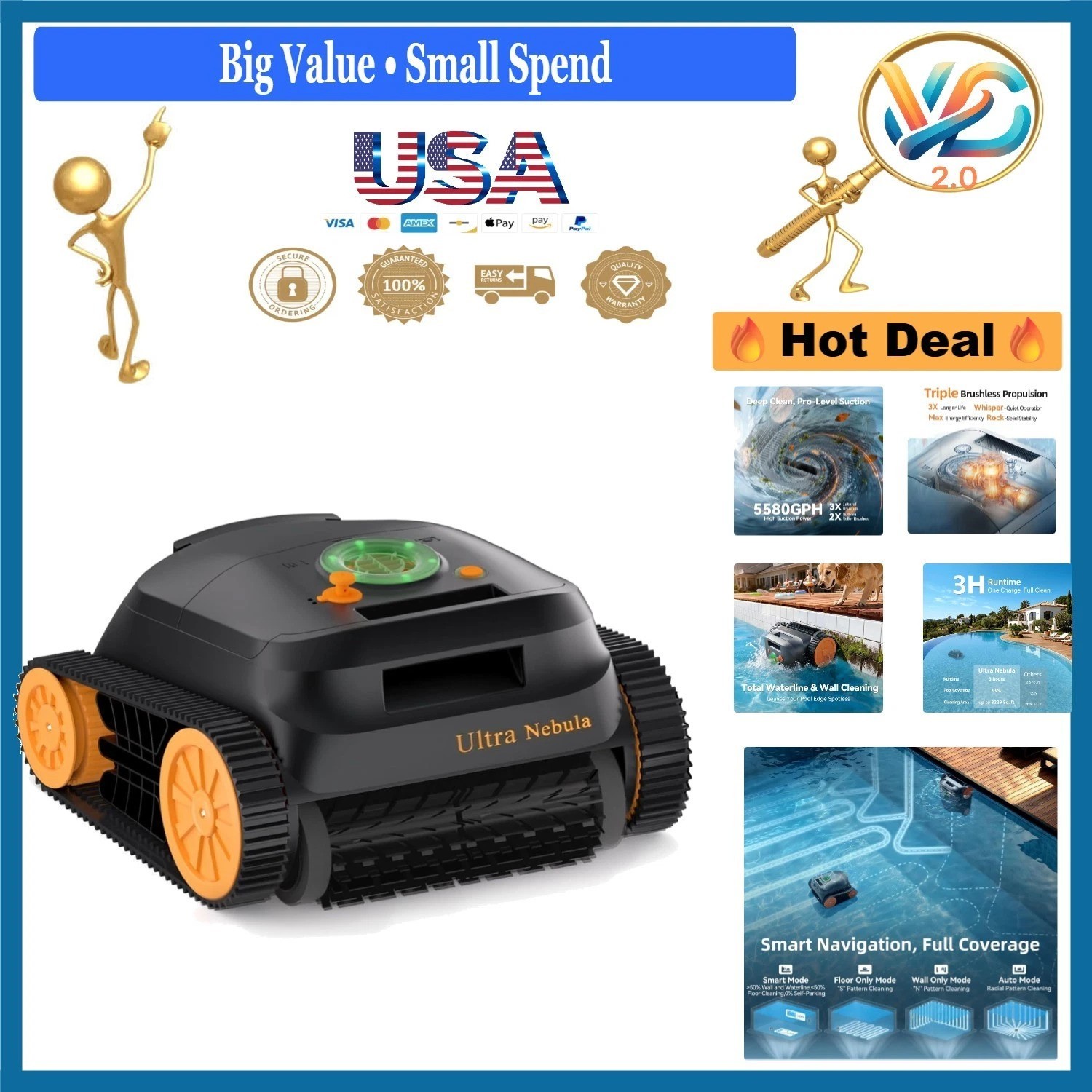 Ultra Nebula Cordless Pool Vacuum Robot 5580 GPH 180 Min Runtime Black