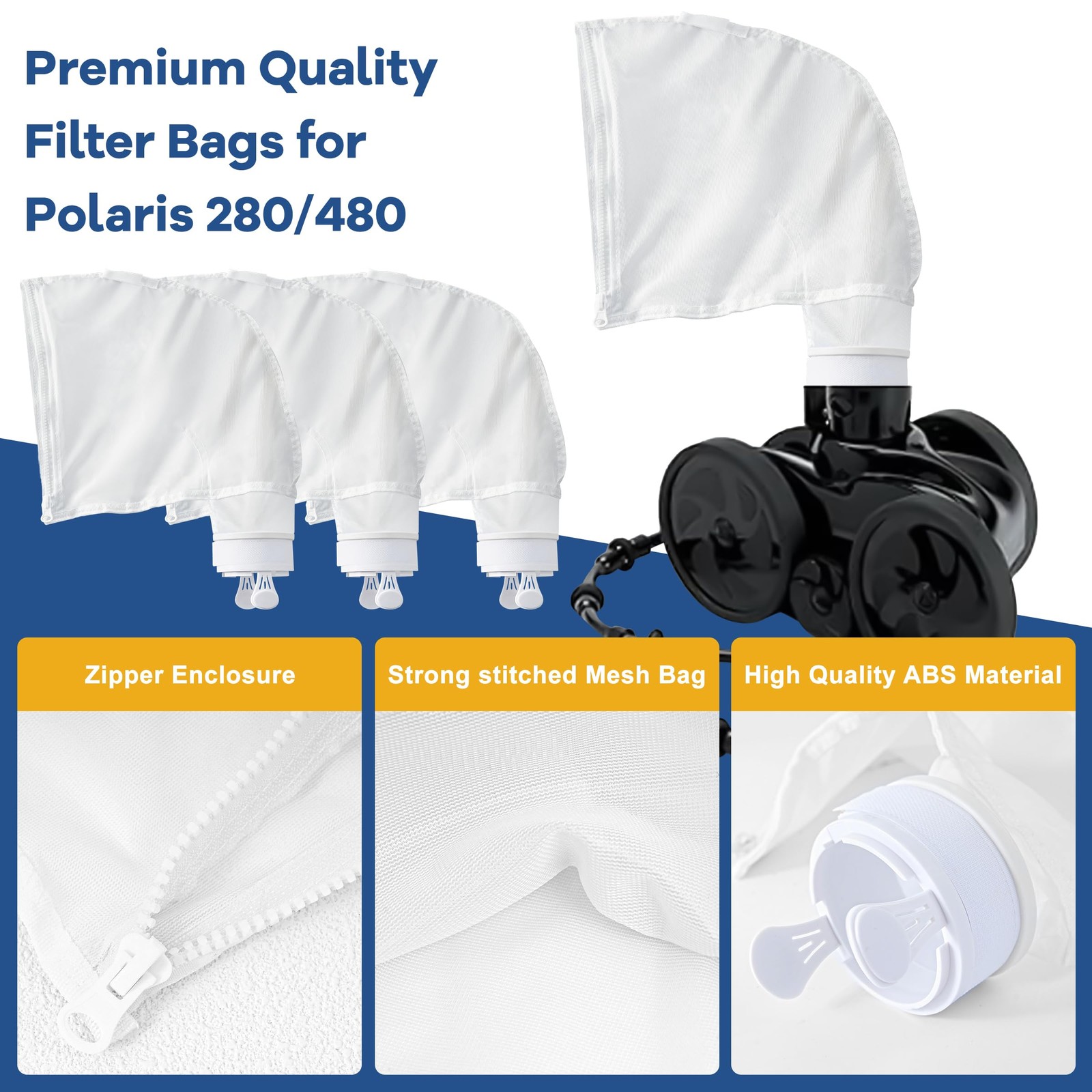 Pool Cleaner Bags 4Pack, Nylon Mesh Vacuum Replacement with Zipper Enclosure