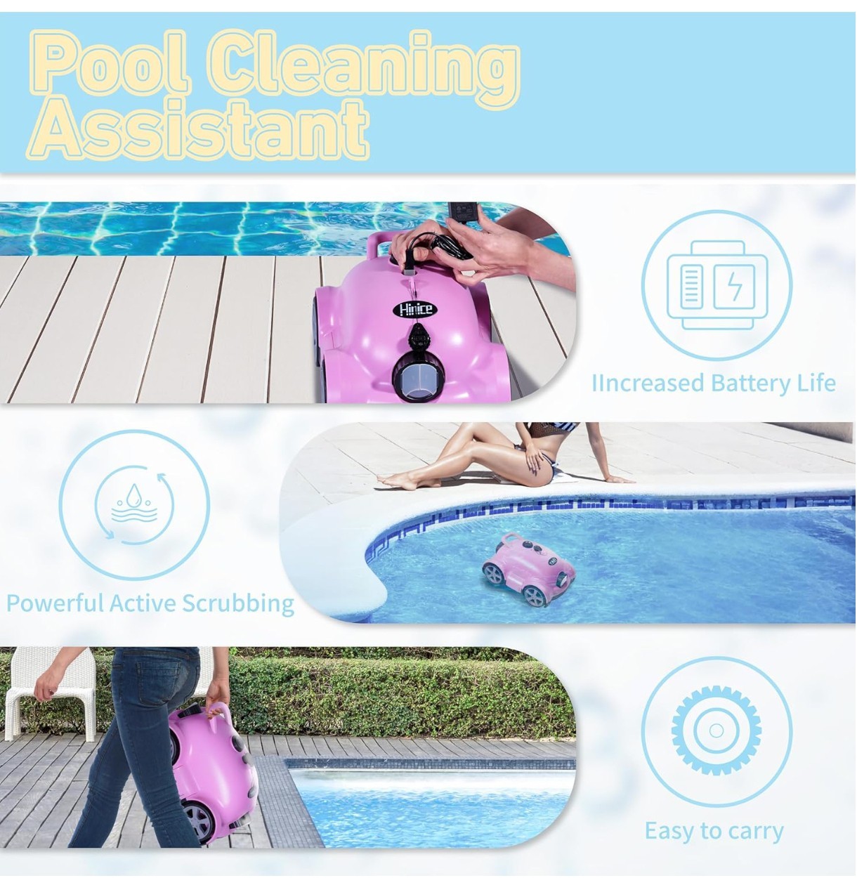 Cordless Robotic Pool Cleaner,Automatic Pool Vacuum Robot up to 2153 sq ft Pink