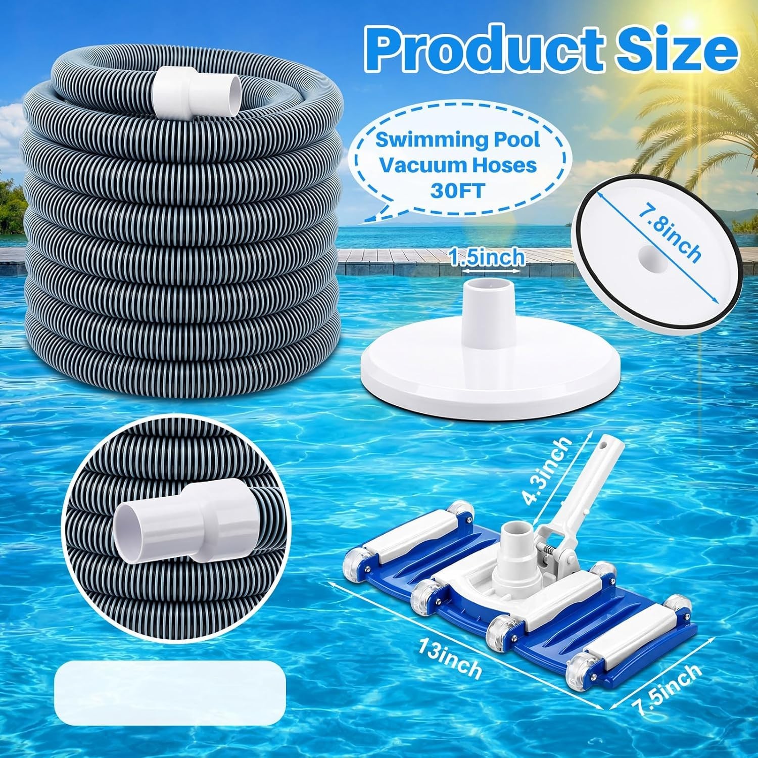 3 Pcs Pool Cleaning Kit 14&Prime; Vacuum Head with Flexible Wheels, 1-1/2 x 18ft Hoses