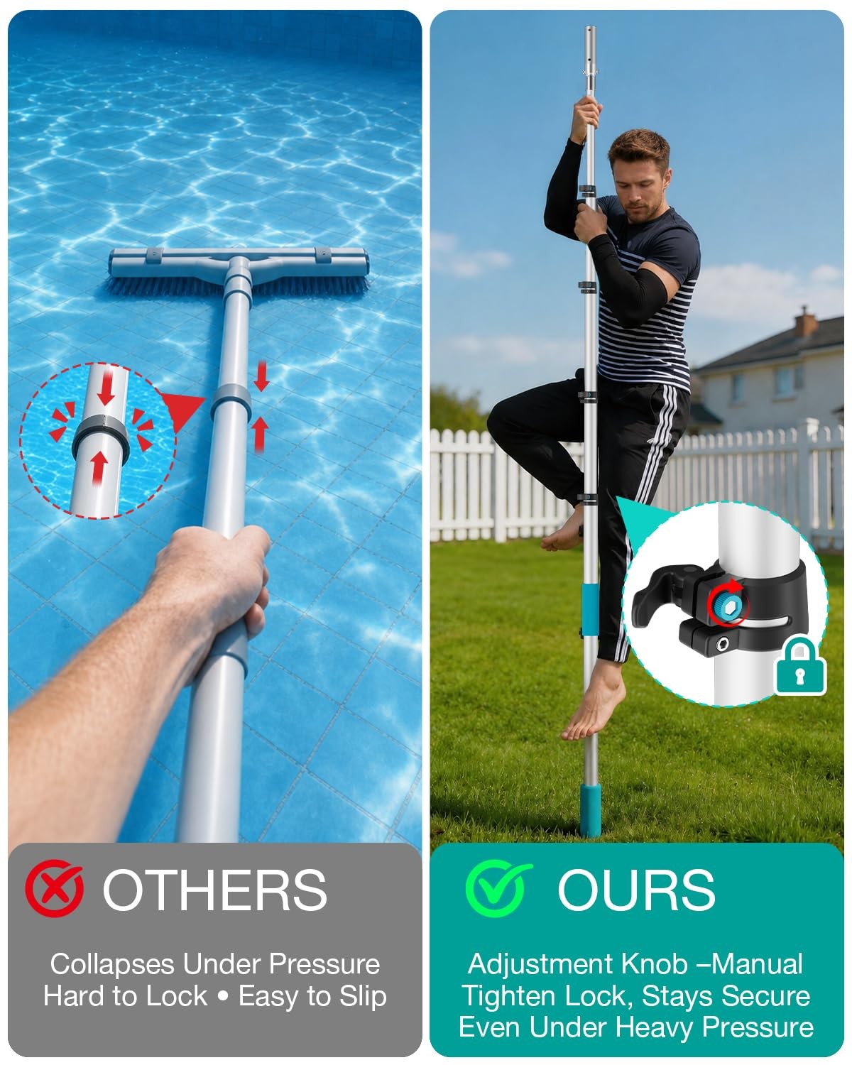 Pool Pole Telescopic 16FT Heavy Duty Aluminum, Adjustable Clasp Lock, Extensi…