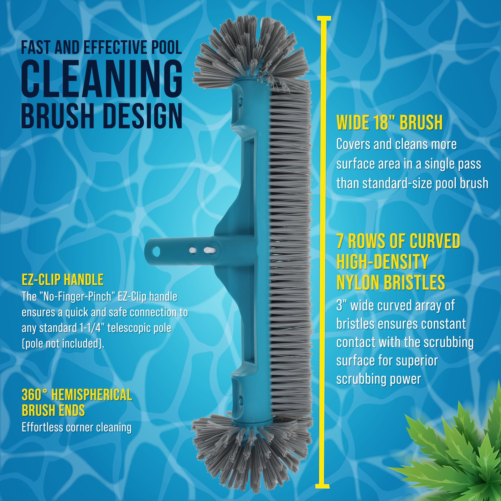 U.S. Pool Supply 18&Prime; Pool Brush Head 7 Row Bristles Inground Above Ground