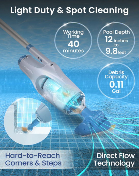 Aspiradora Inalámbrica para Piscina y Spa Recargable 60 Min con Palo de 6 ft