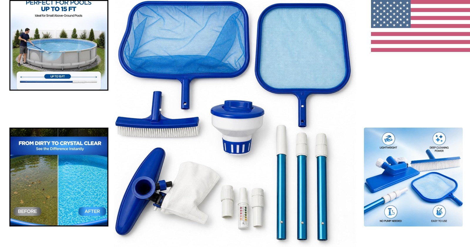 All-in-One Above Ground Pool Care Kit – Telescoping Pole & Vacuum Head Included