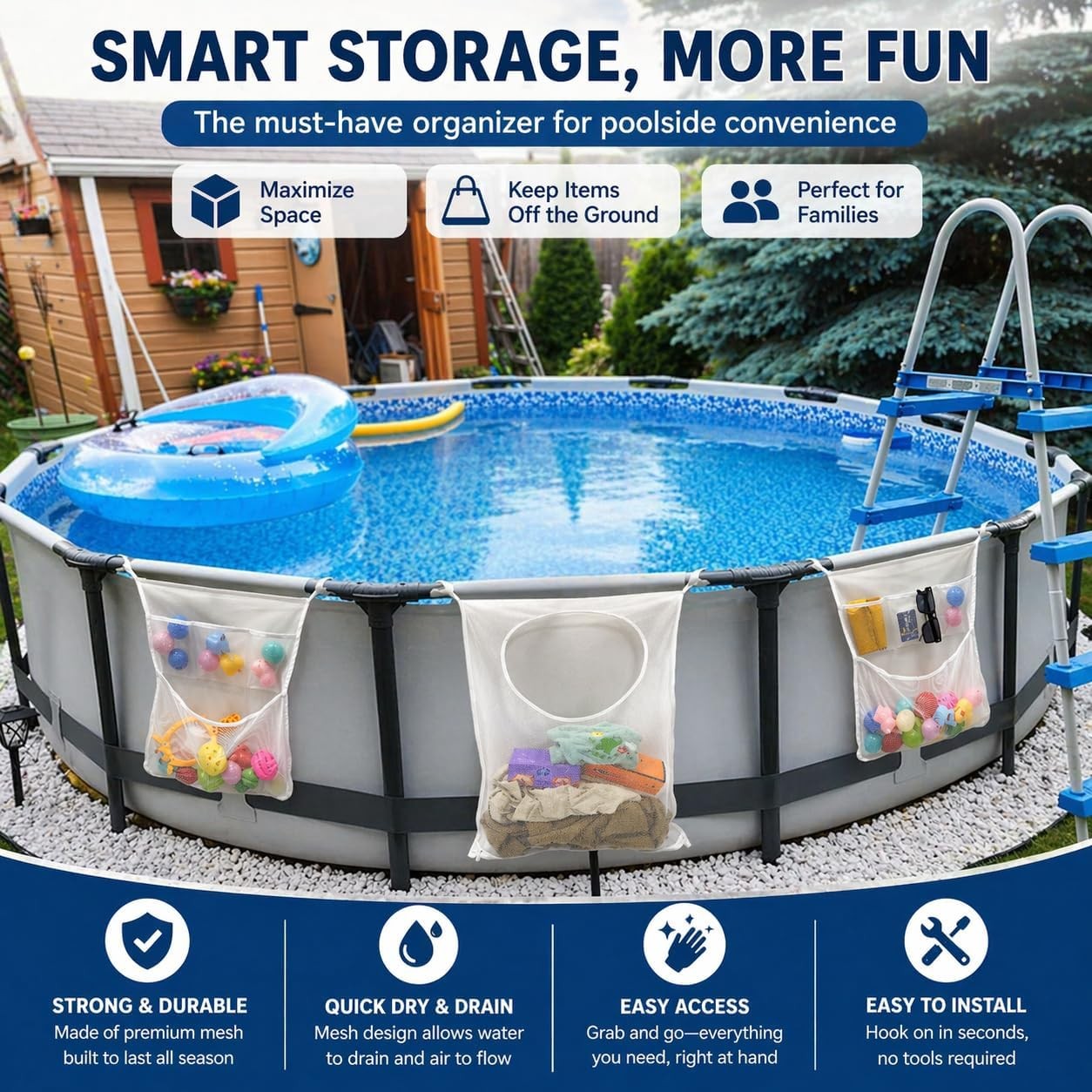 Poolside Pool Float Storage, 3-Pack Mesh Storage Bags with 6 Adhesive Hooks