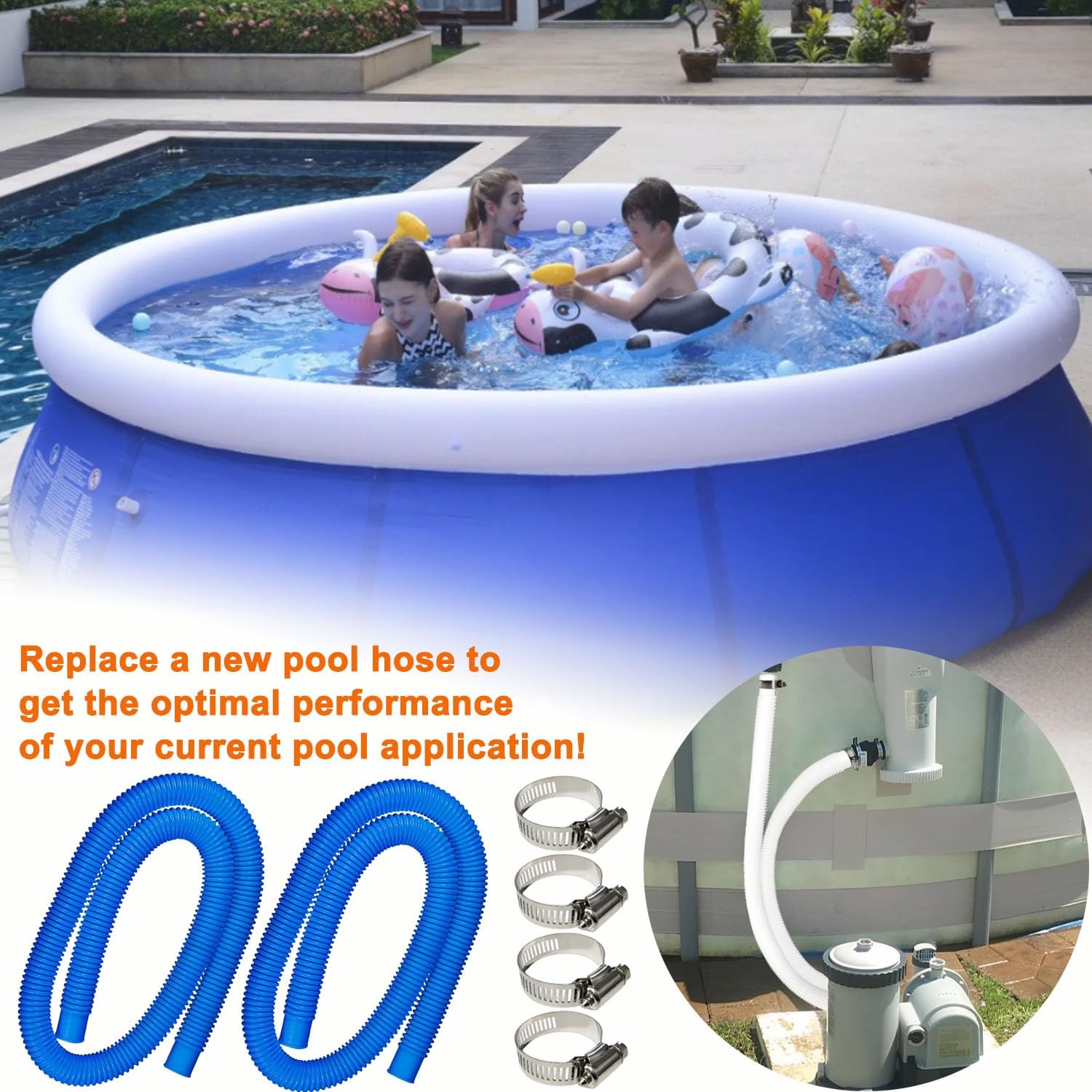 Qloby 2 Pack 1.25&Prime; x 59&Prime; Pool Hoses for Above Ground Pools, x 59&Prime;, Blue
