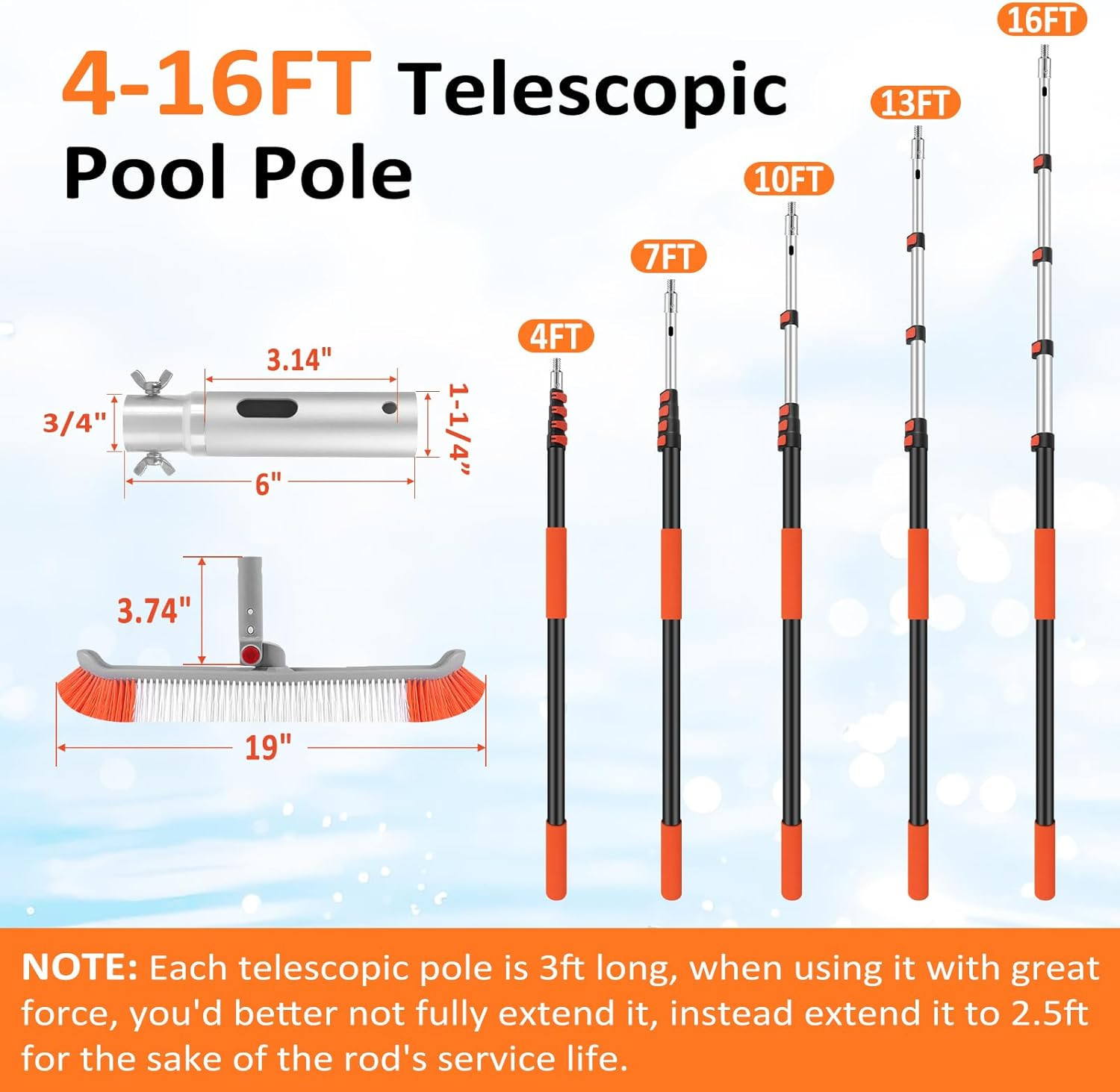 16FT Pool Brush with Pole, 19&Prime; Heavy Duty Swimming Pool Brush with 4-16FT Alumin