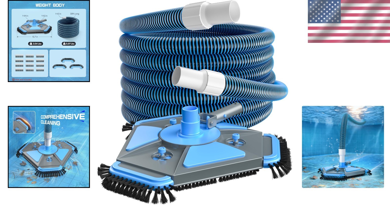 Effortless Pool Cleaning: Heavy Duty Vacuum Head & 30FT Kink-Resistant Hose