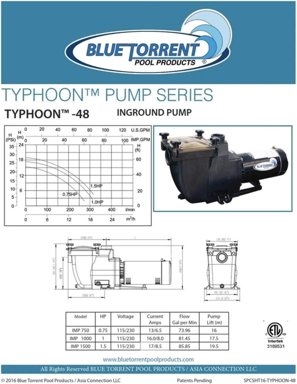 BLUE TORRENT TYPHOON 1.5 HP IN GROUND PUMP- REPLACENMENT FOR HAYWARD SUPER PUMP