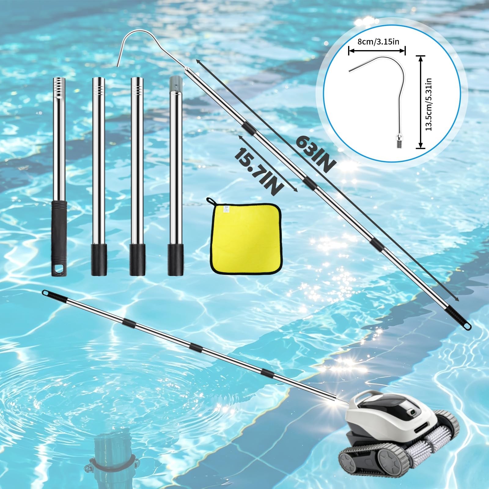 Pool Retrieval Hook for Robotic Pool Cleaner Adjustable Pole Skimmer Hook