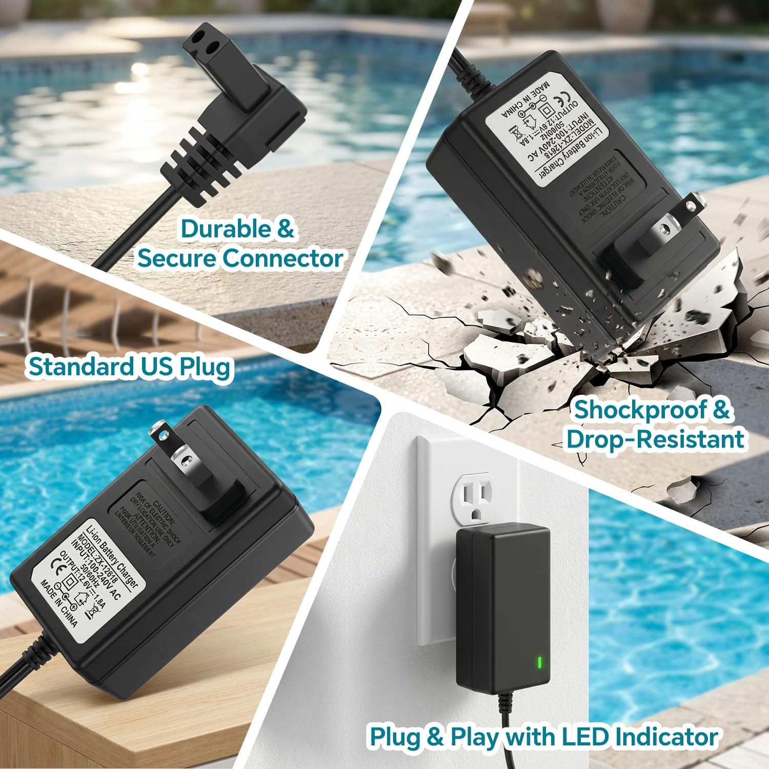 12.6V 1.8A Replacement Charger for Aiper Pool Vacuum Models 600, 800, 1000, 1500
