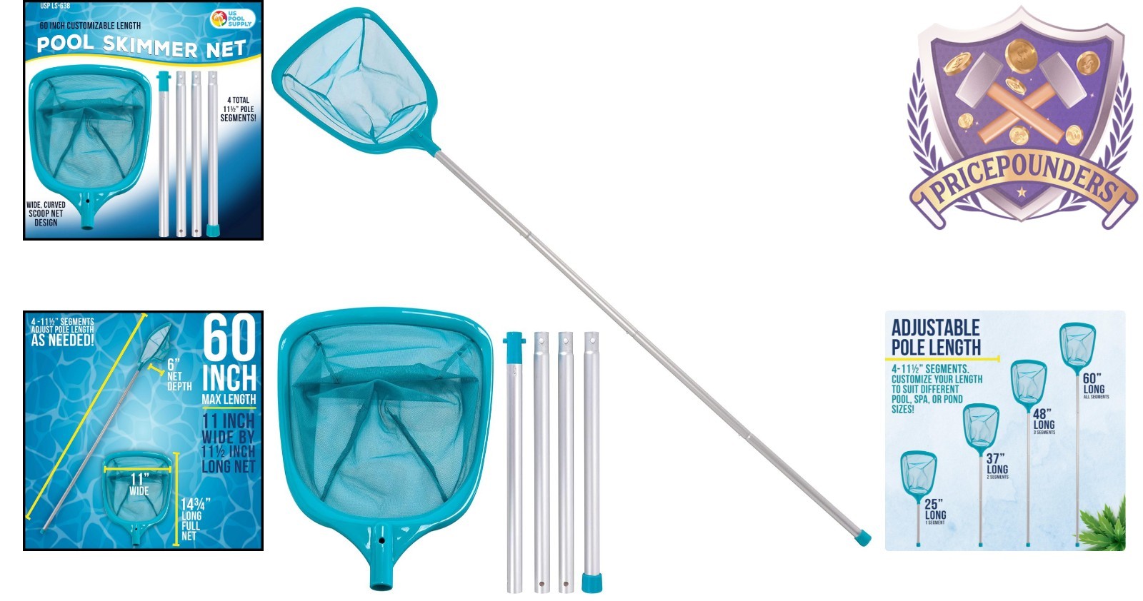Swimming Pool Leaf Skimmer Net Aluminum Telescopic Handle 5 Feet for Fast Deb…