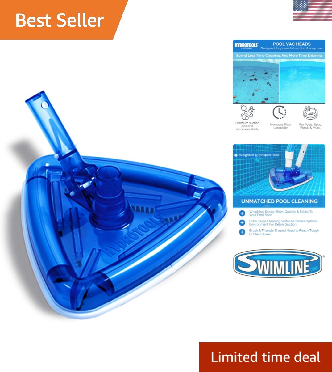 Clear Triangle Pool Vacuum Head with Bristles & Swivel Hose Compatibility