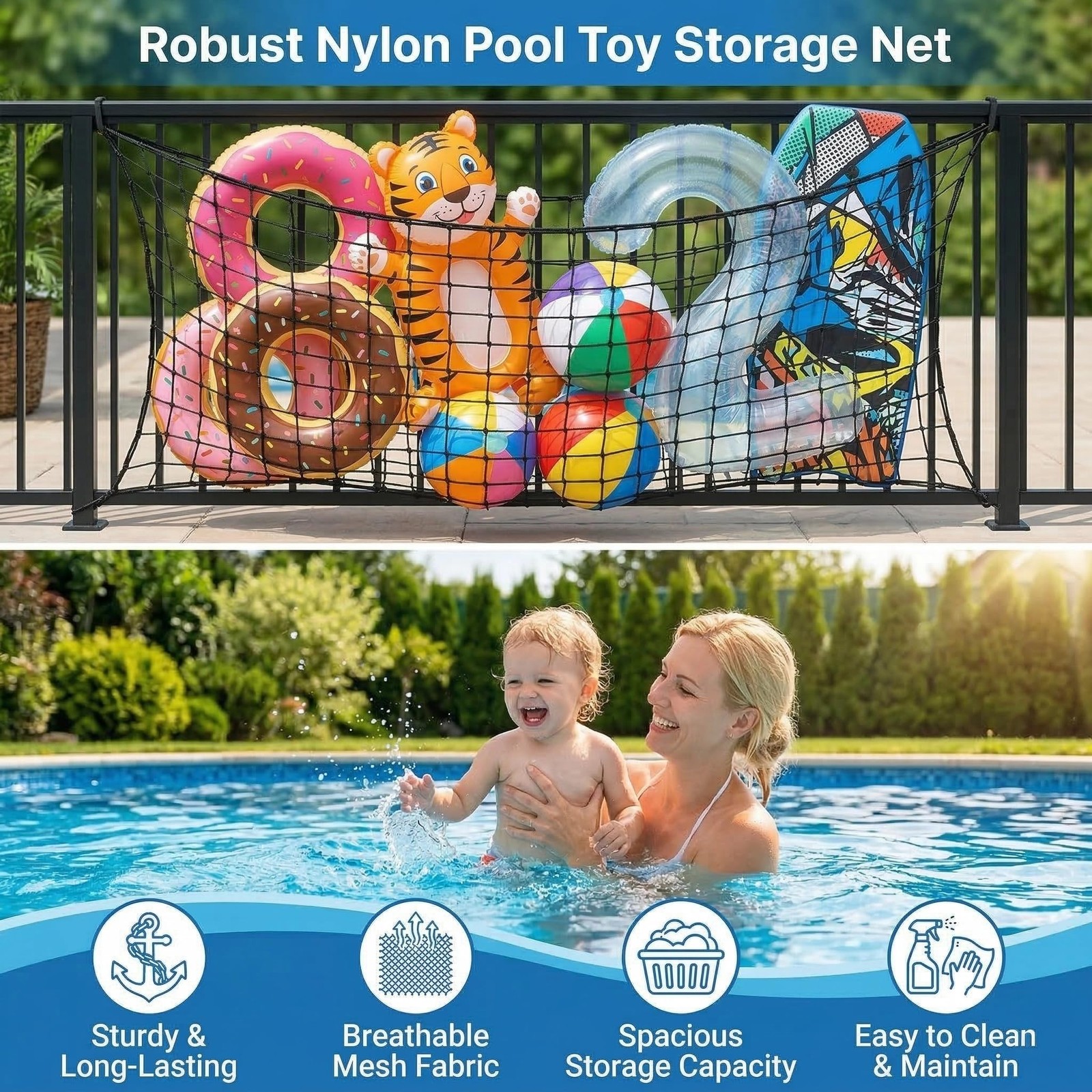 Extra Large Pool Float Storage Net, 71 »×47 » Hanging Swimming Pool Organizer…