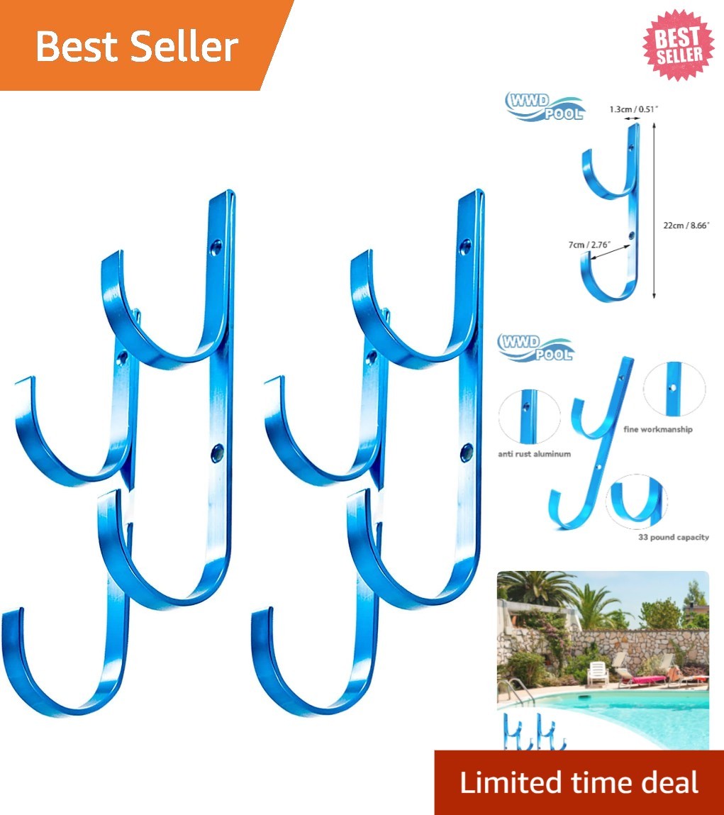 Blue Aluminum Hook Set for Securing Pool Poles & Garden Tools – 4 Hooks