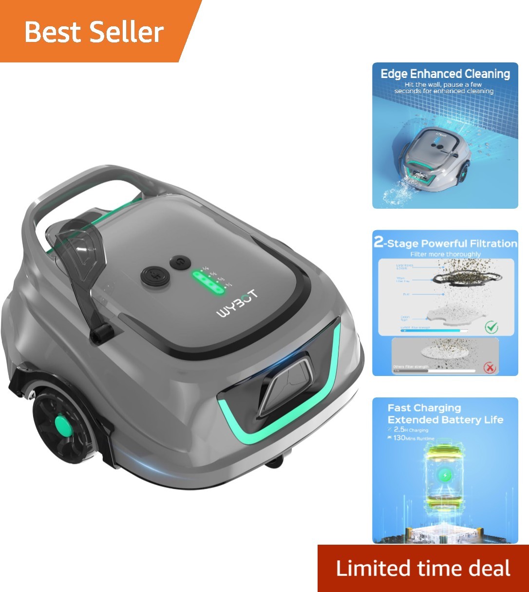 Cordless Robotic Pool Cleaner with Dual-Layer Filtration – 1100 Sq. Ft. Coverage