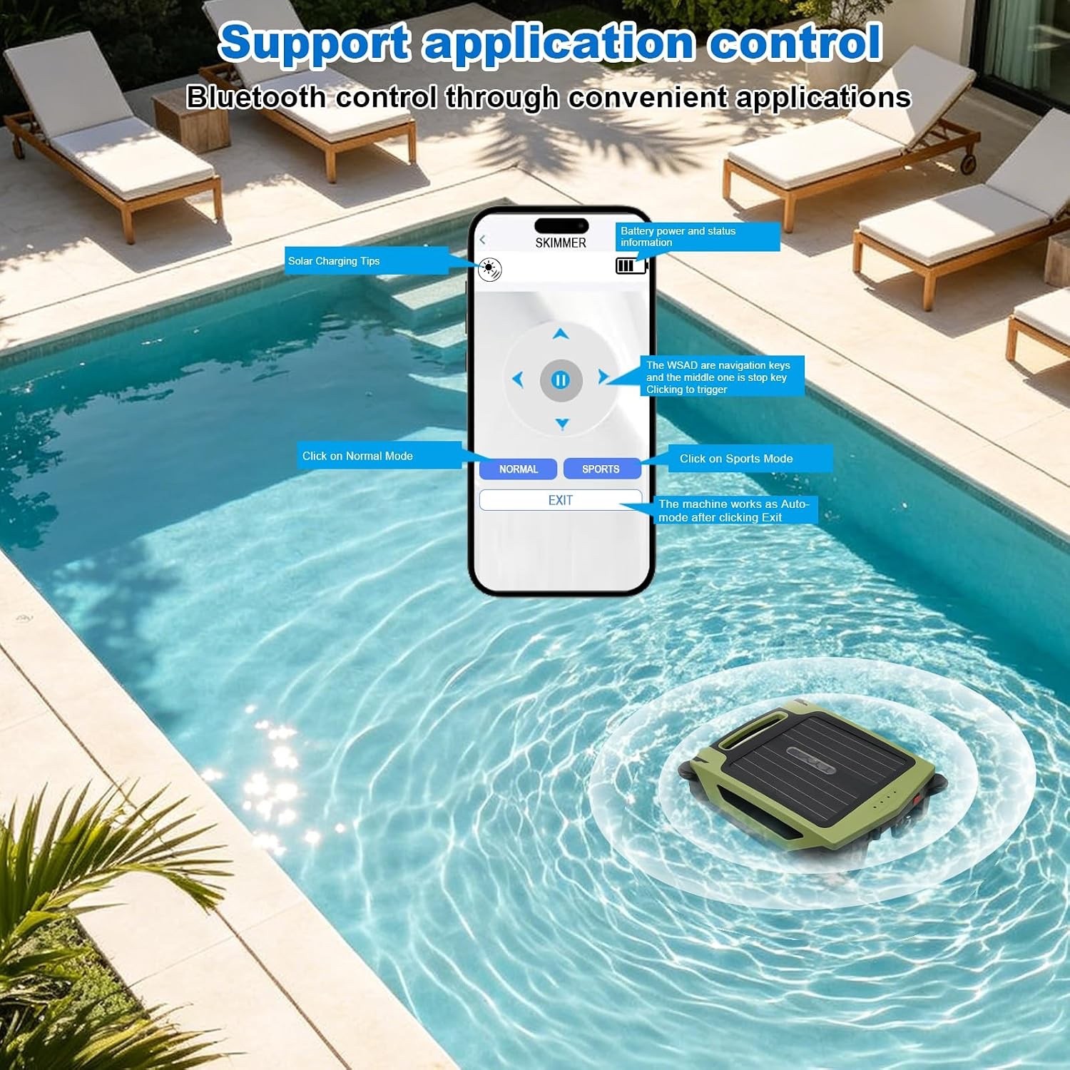 Solar Powered Robot Pool Skimmer with App Control and 24/7 Continuous Cleaning