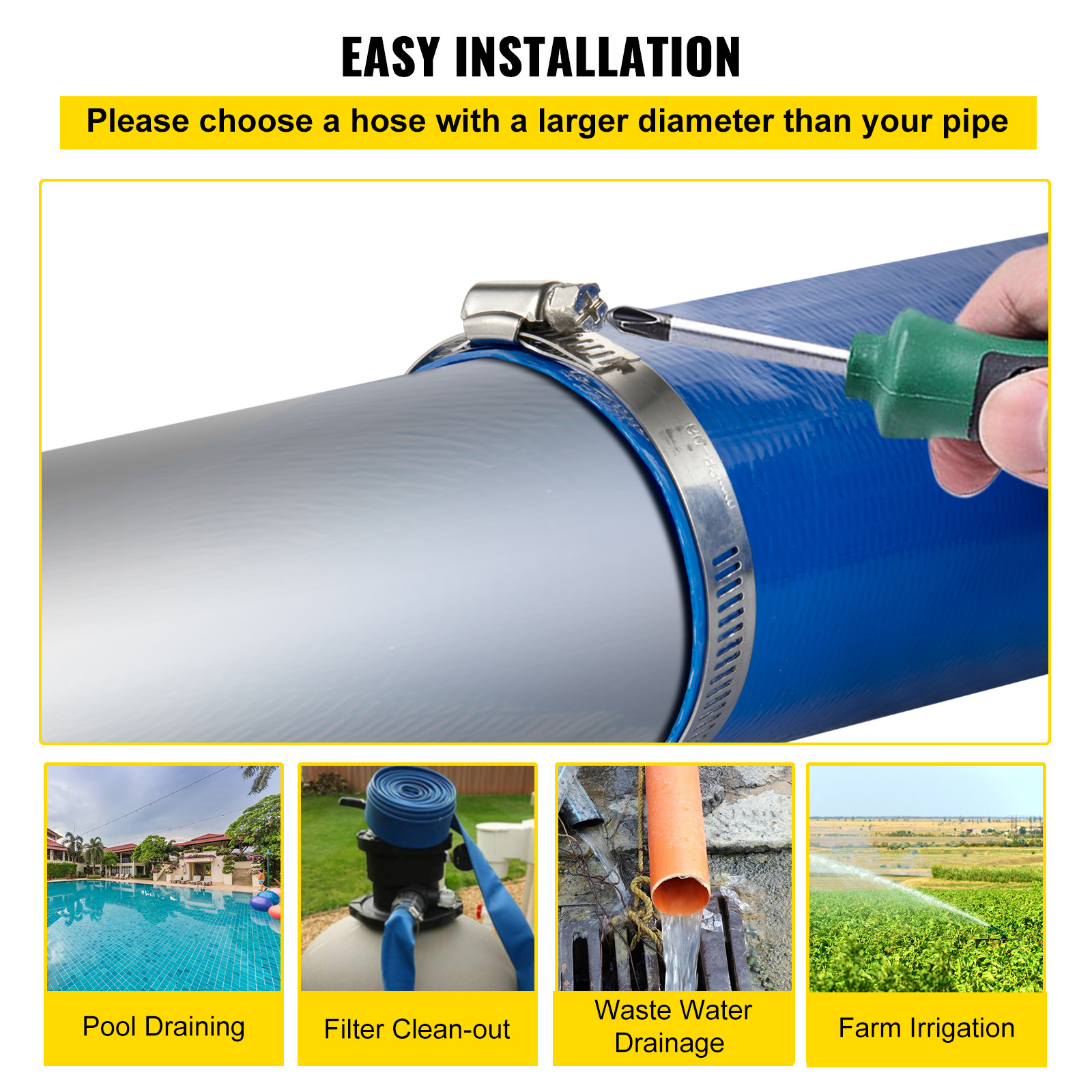 VEVOR Discharge Hose Lay Flat Hose 1-1/2&Prime; x 100&prime; PVC Backwash Drain Hose w/Clamp