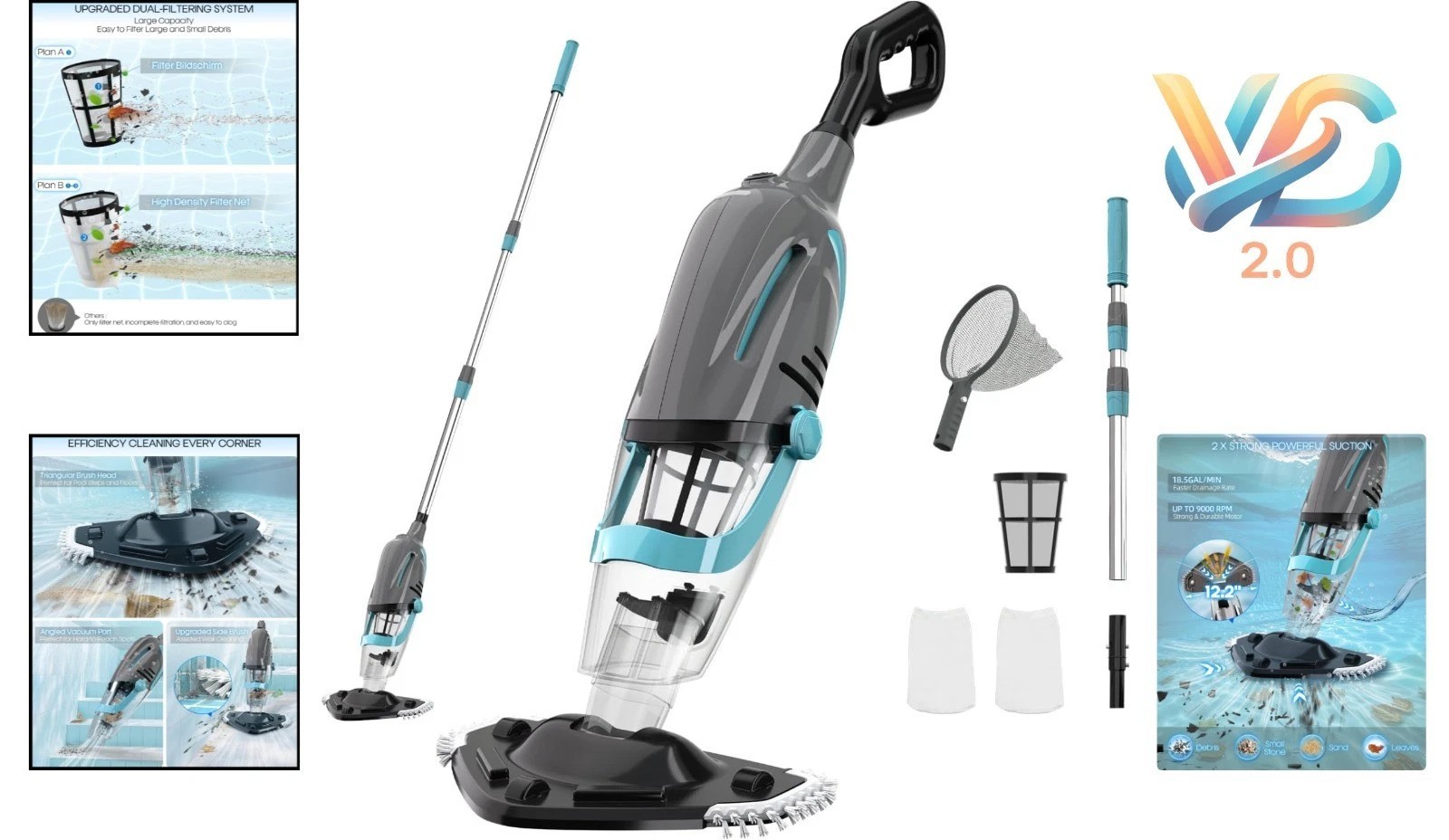 Cordless Pool Vacuum Handheld Above Ground with Telescopic Pole, Dual Filter,…