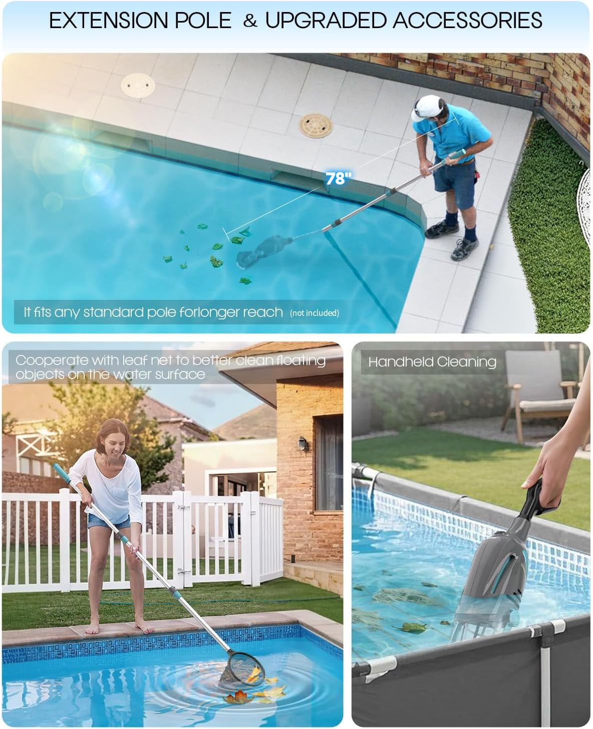 Cordless Handheld Pool Vacuum, Pool Vacuum for above Ground Pool with Telescopic