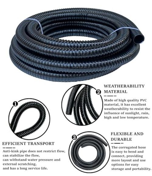 1 1/2 Inch Pond Sump Pump Discharge Hose Corrugated Water Hose Black PVC