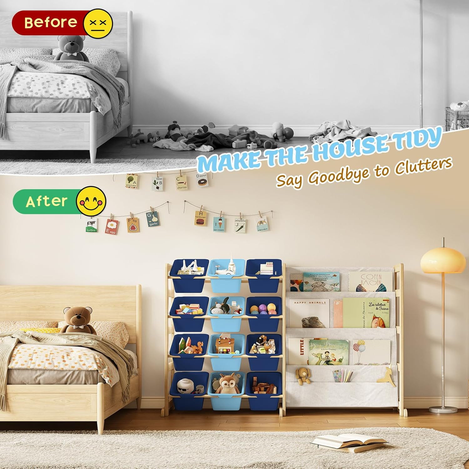 Toy Storage Organizer with Bookshelf – 12 Storage Bins 4-Tier Multipurpose Shelf